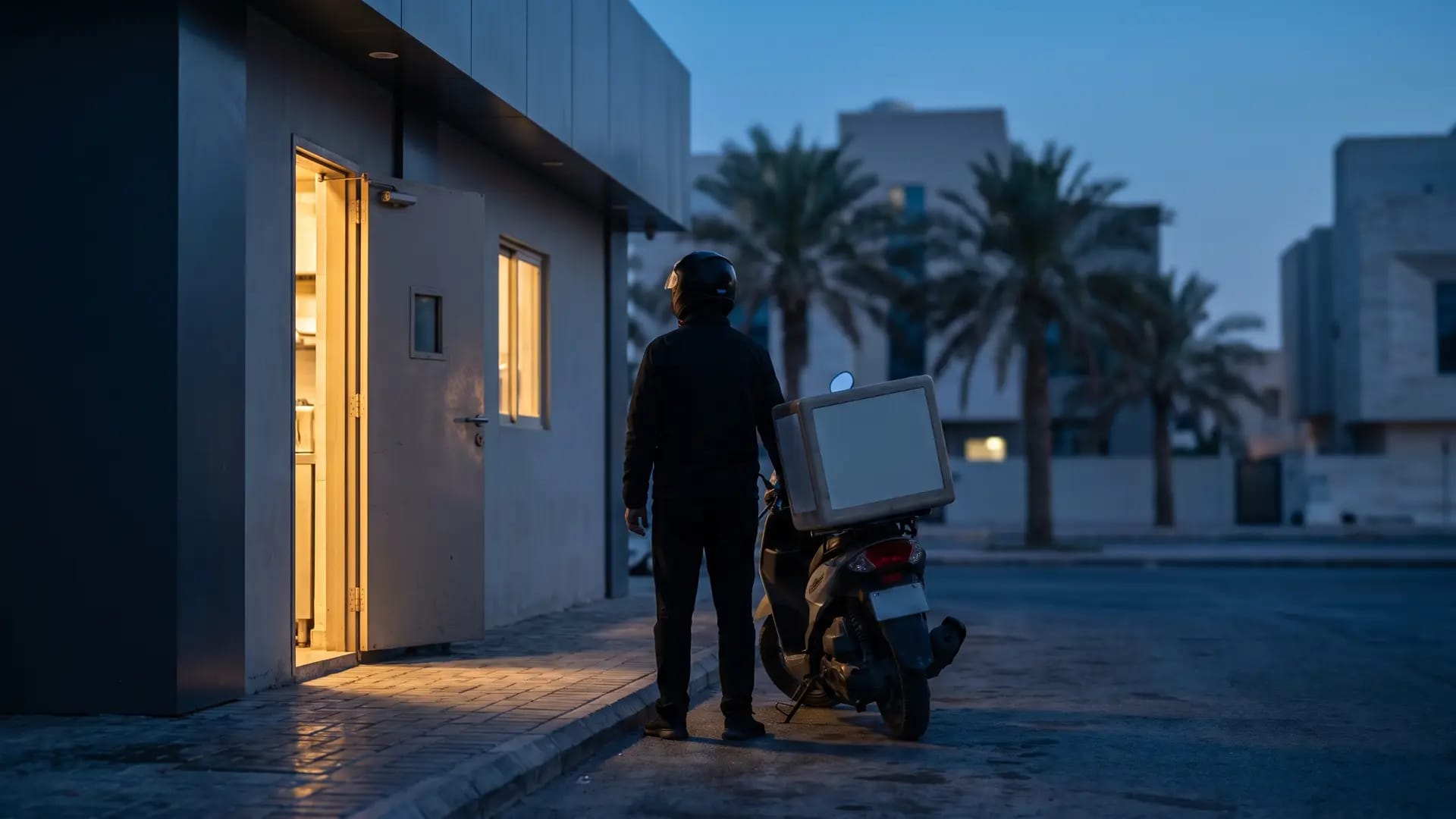 A delivery rider with an unbranded insulated box waiting beside a scooter at a restaurant's back door on a Riyadh street at dusk