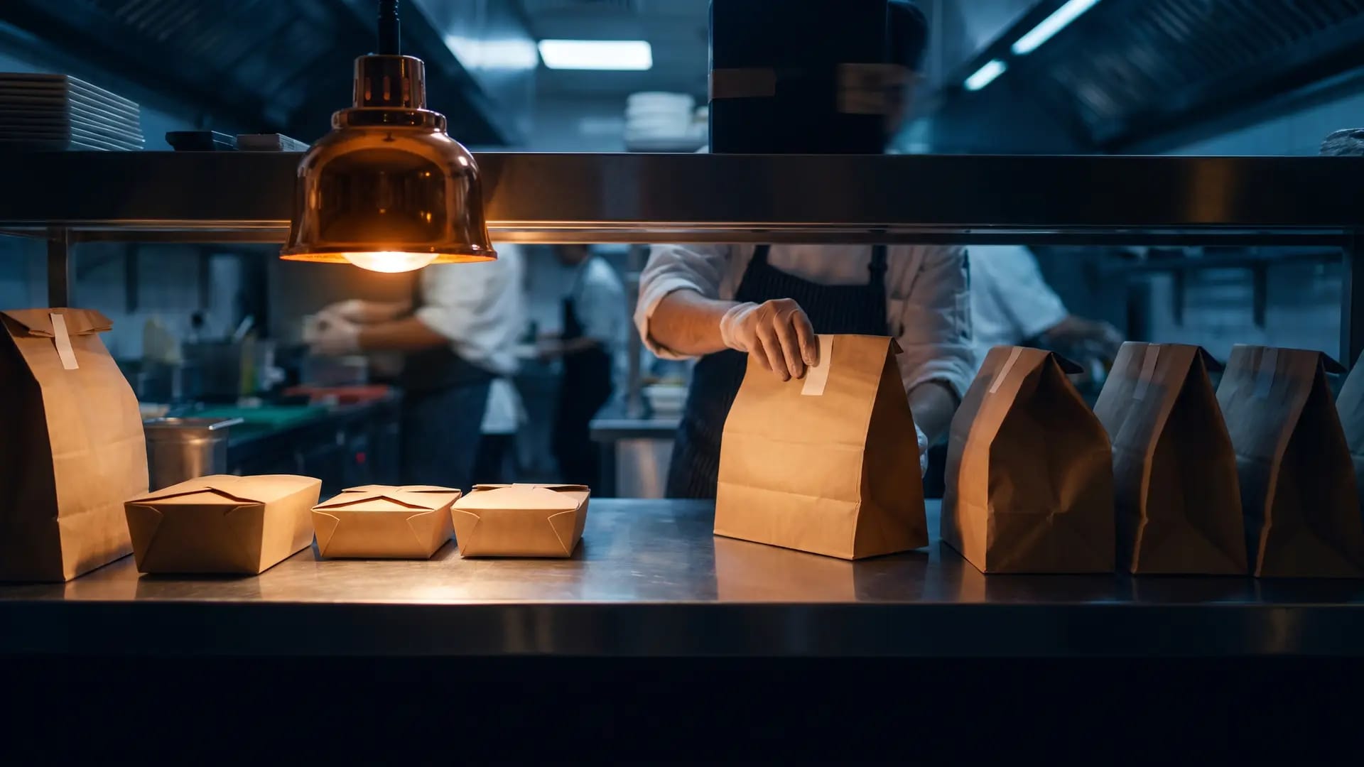 Sealed takeaway bags and delivery containers lined up on the stainless-steel pass of a Saudi restaurant kitchen during evening service