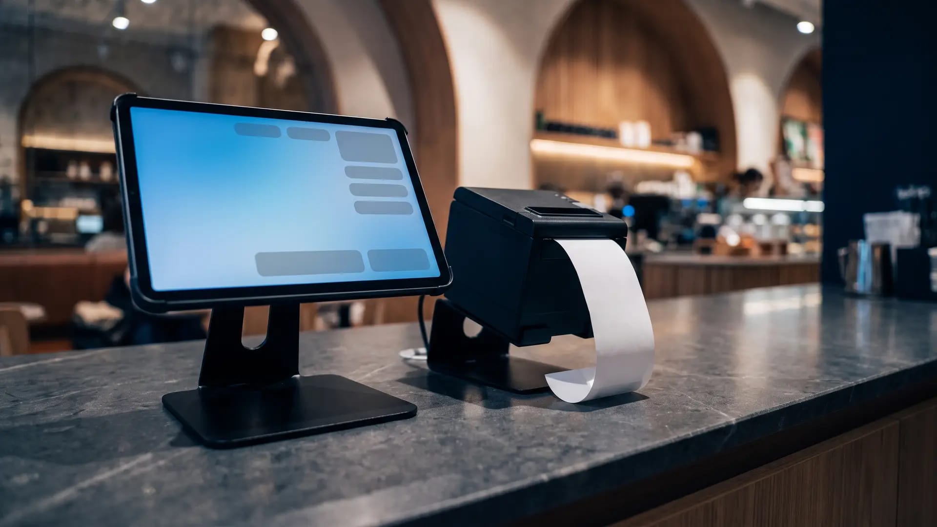 A restaurant order-management tablet on a dark stone counter beside a thermal printer with a blank ticket, in a modern Gulf cafe