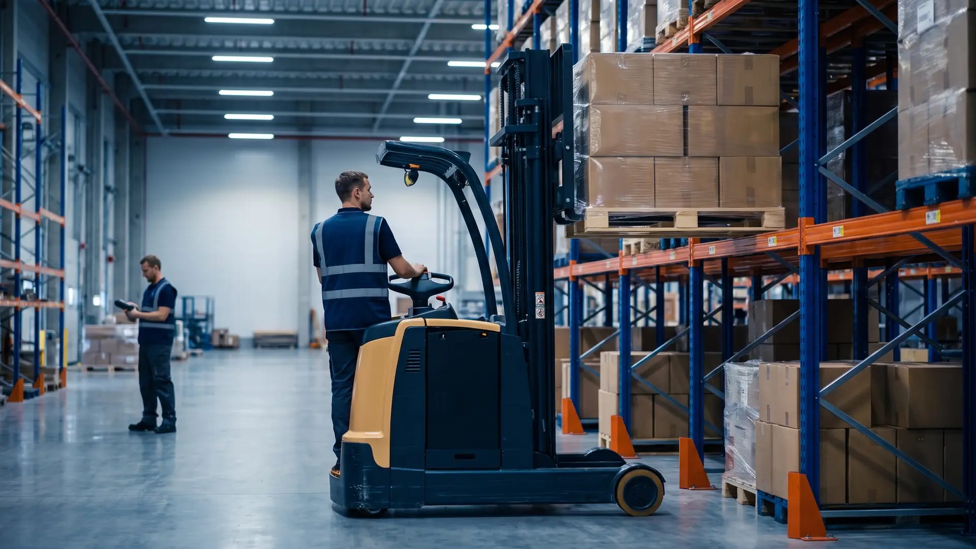A warehouse operator on an electric forklift lifting a shrink-wrapped pallet of plain cardboard cartons into high steel racking inside a modern Riyadh fulfilment centre
