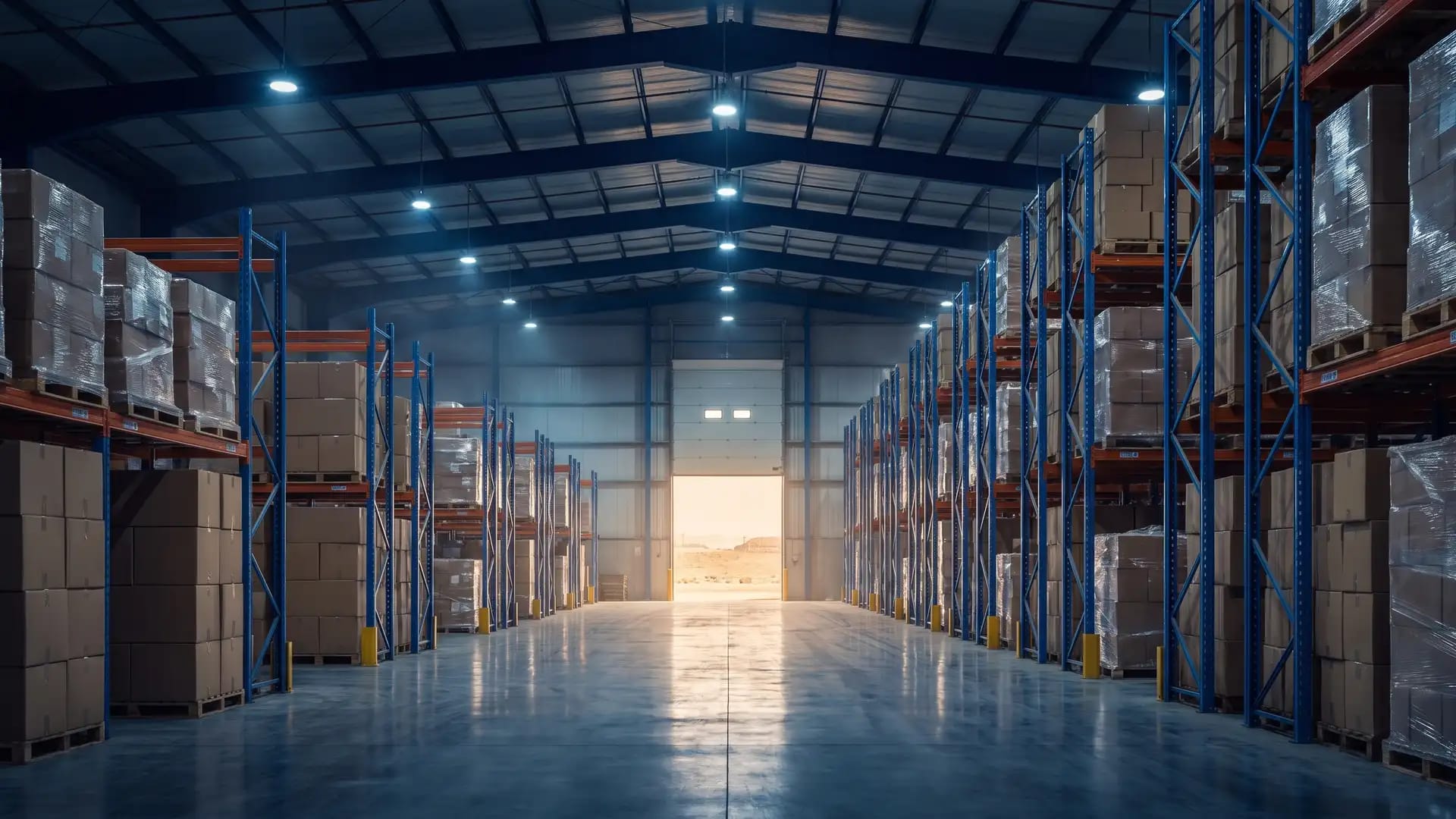 The wide central aisle of a modern logistics warehouse in Riyadh, tall steel racking stacked with plain cardboard pallets receding toward an open loading door with desert light beyond