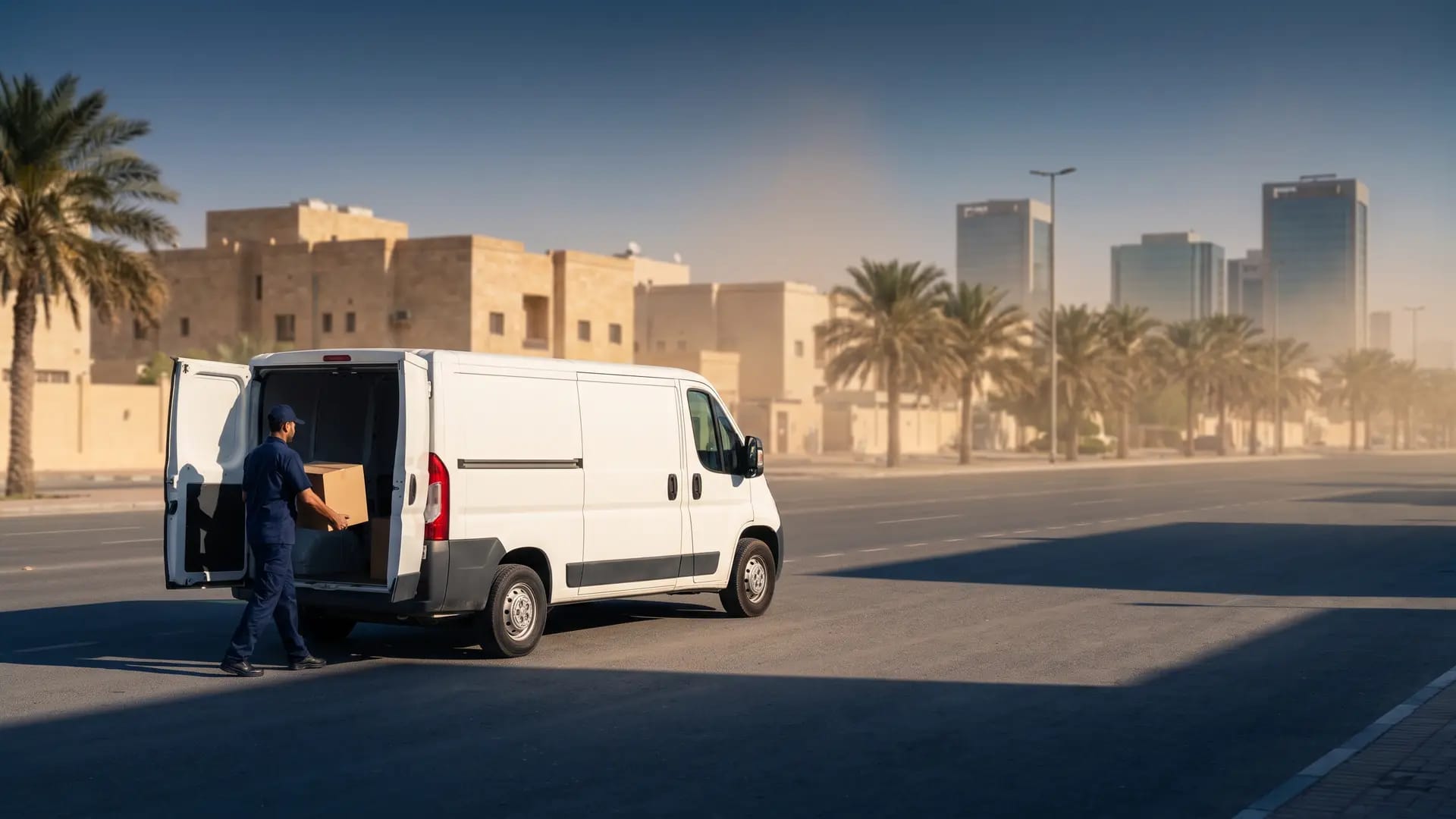 A plain white delivery van parked on a wide sunlit boulevard in Riyadh, a courier in an unmarked navy uniform lifting a cardboard parcel from the rear doors, low sand-coloured buildings and palm trees behind