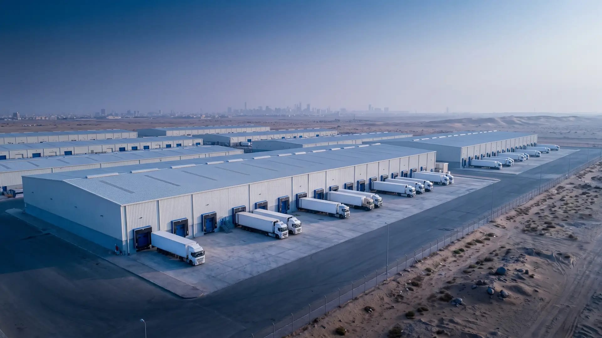 Aerial view of a modern logistics park on the arid outskirts of Riyadh, rows of Class A warehouses with loading docks and unmarked white trailers, desert scrub and a hazy city skyline beyond