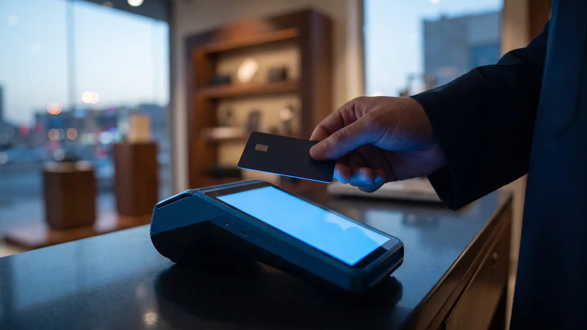 A customer tapping an unbranded bank card on a countertop payment terminal in a Saudi retail store at dusk