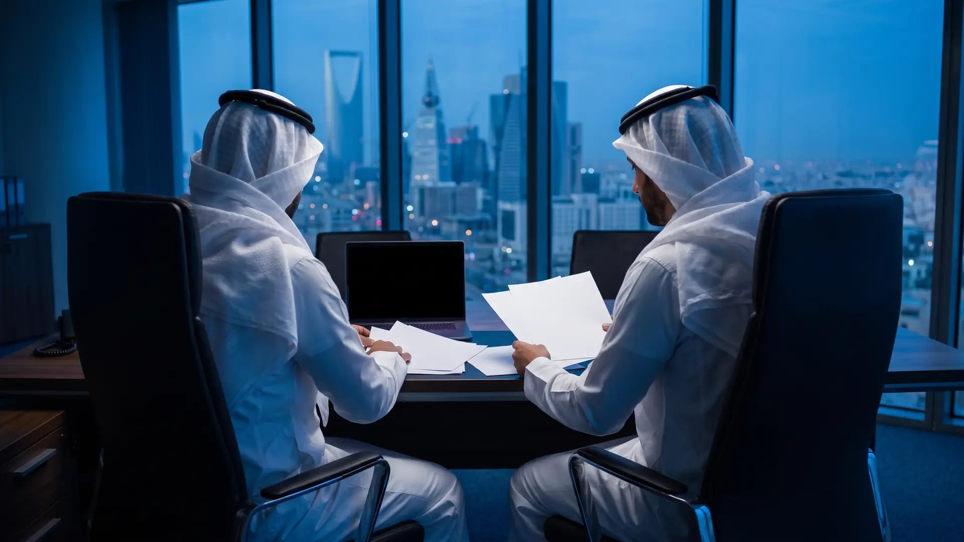 Two Saudi business owners in white thobes reviewing blank printed documents at a desk overlooking the Riyadh skyline at blue hour