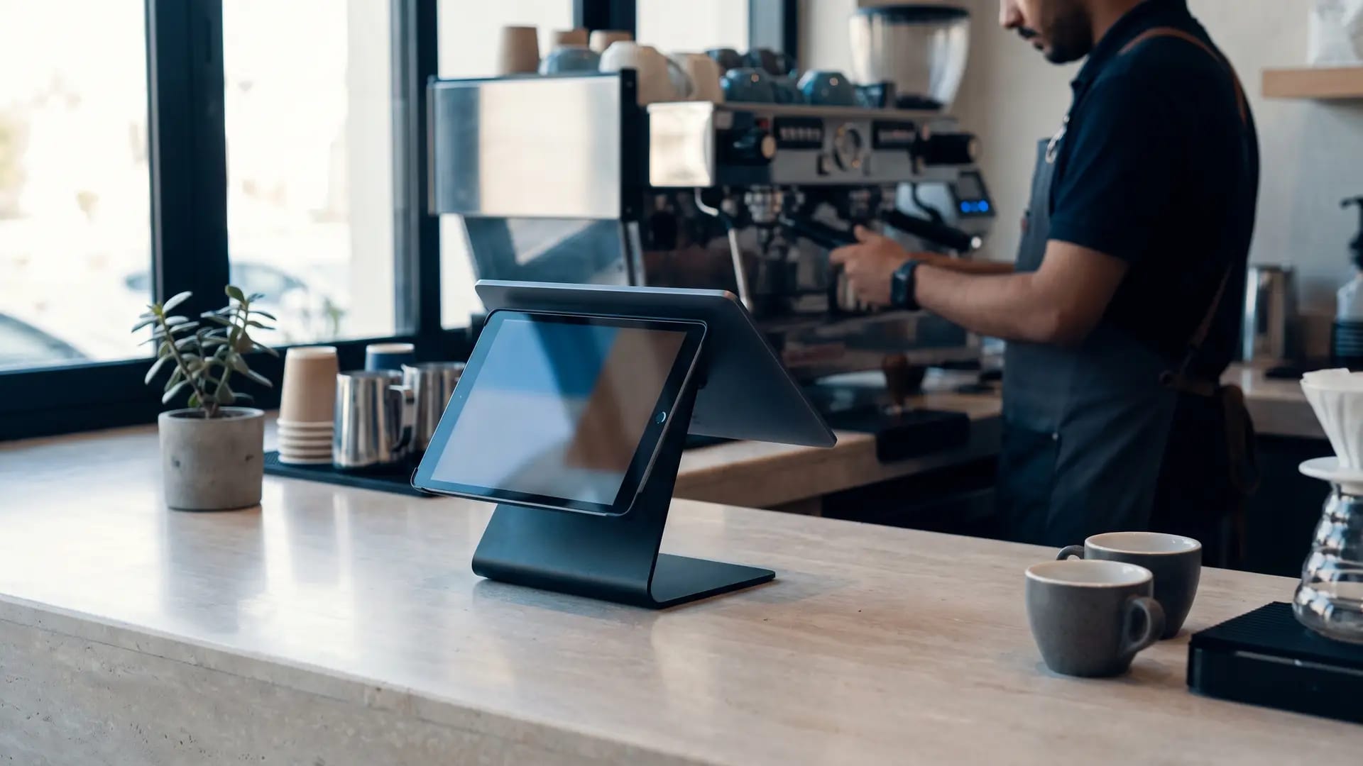 A tablet point-of-sale terminal on a stone counter in a modern Saudi specialty coffee shop, with a barista working an espresso machine behind it