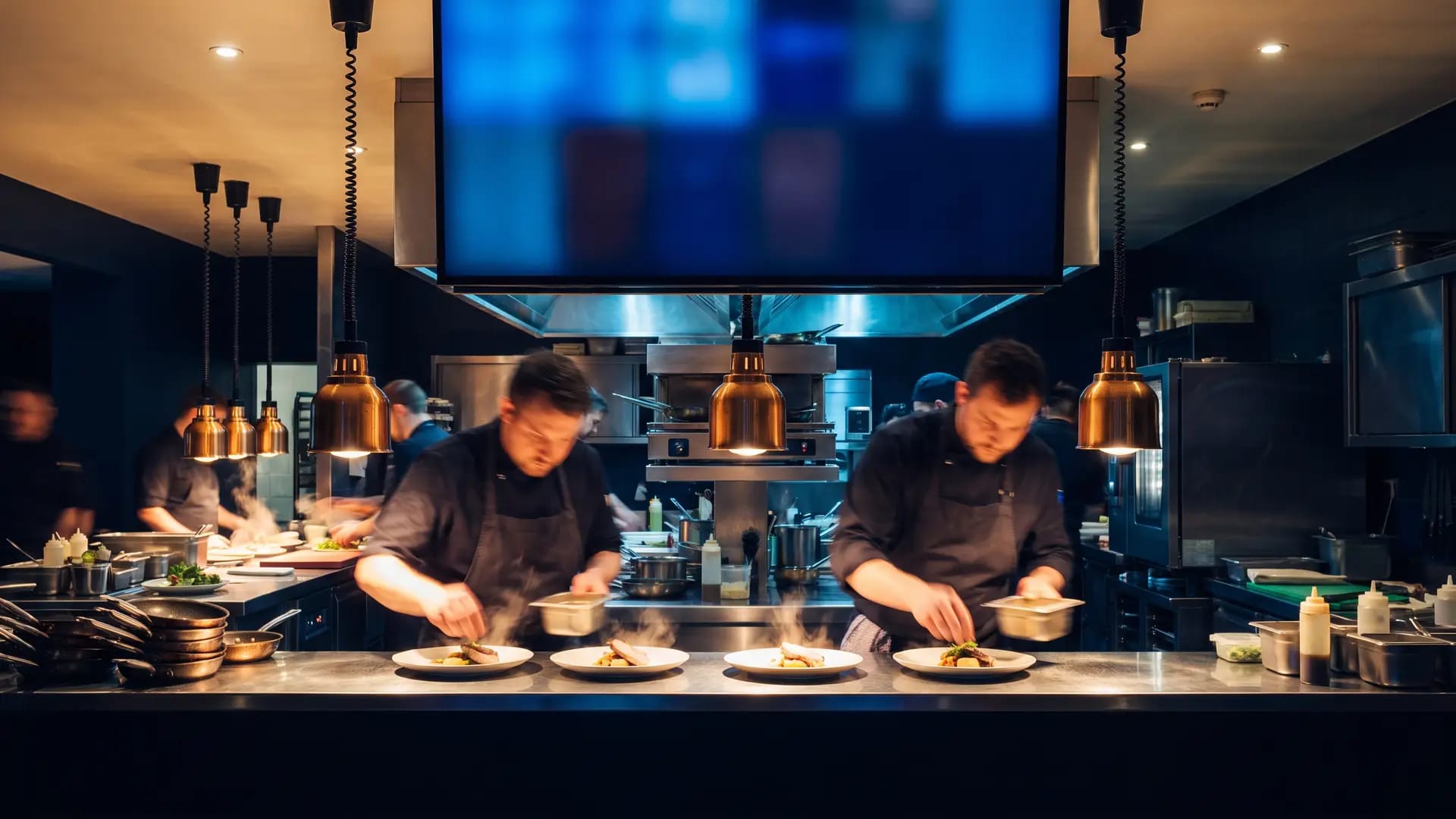 Chefs plating dishes at a stainless steel pass beneath a wall-mounted kitchen display screen in a dark, busy restaurant kitchen