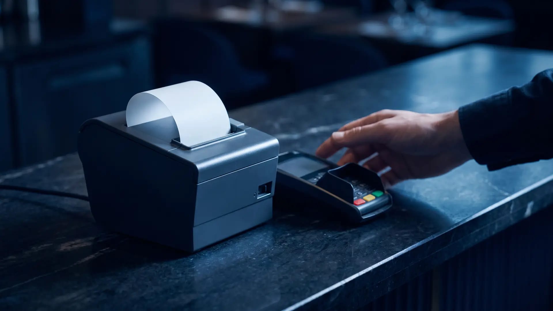 A thermal receipt printer and a handheld card payment terminal on a dark stone counter in a restaurant, with a hand reaching toward the terminal