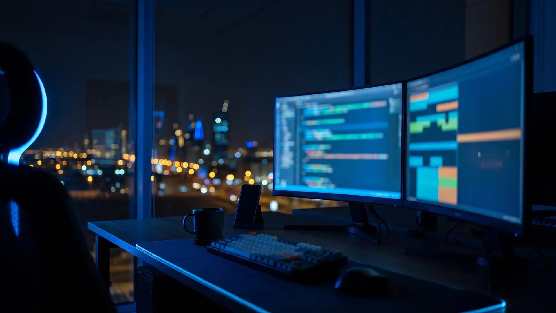 A developer workspace at night in a Riyadh office with analytics dashboards glowing on two monitors