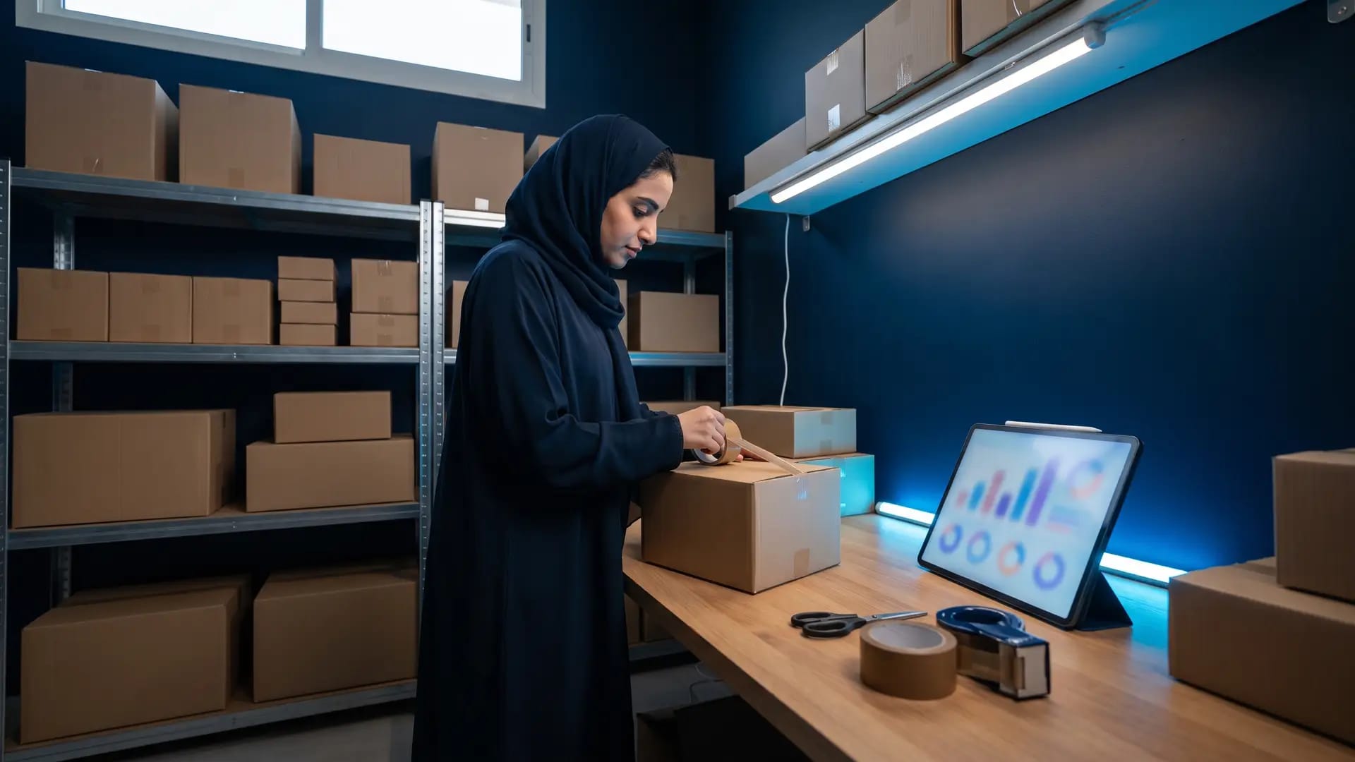 A Saudi e-commerce owner packing orders at a dispatch bench with a sales dashboard on a tablet beside her