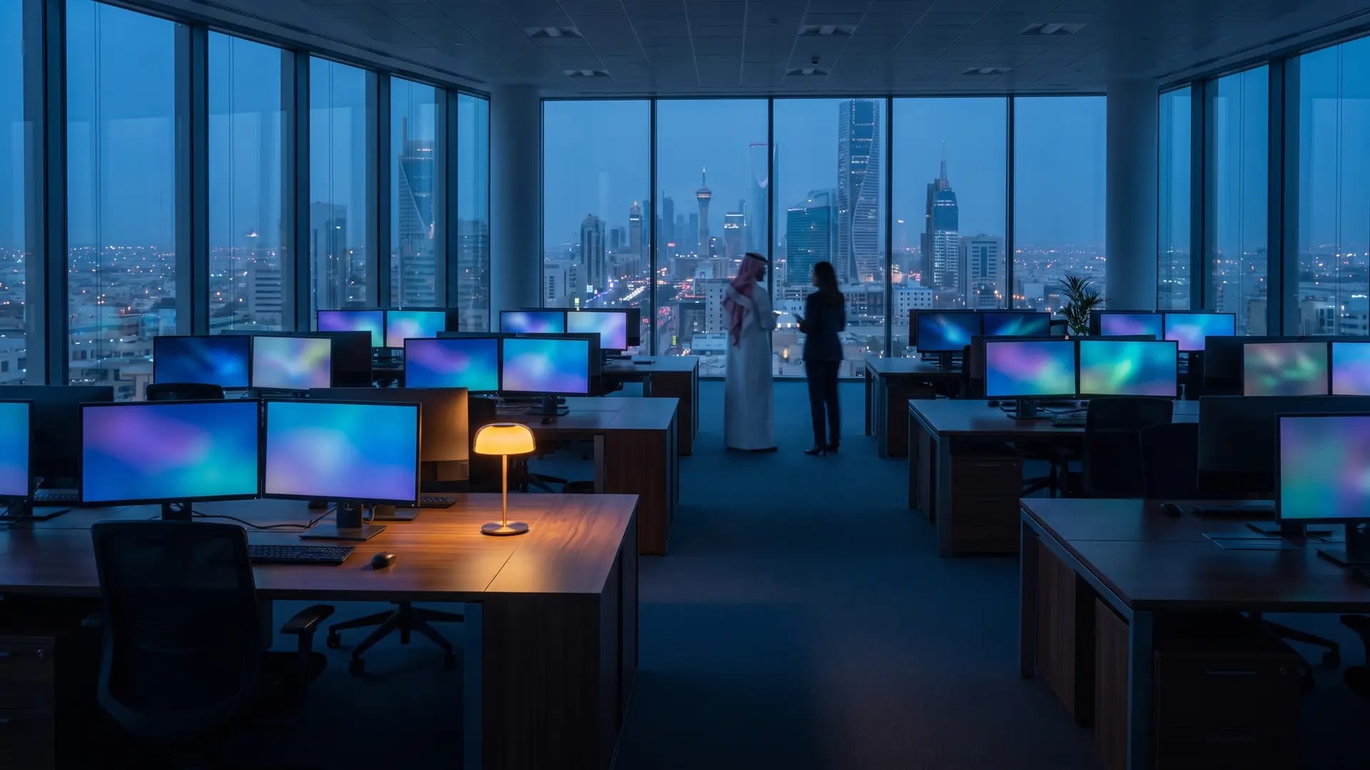 Operations floor of a Saudi enterprise headquarters at blue hour, monitors glowing over a Riyadh skyline