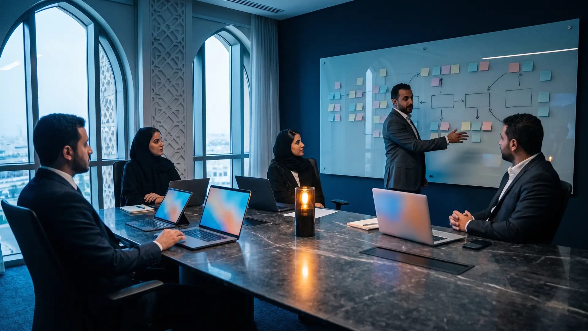Consultants and business managers in a Saudi boardroom reviewing an ERP process diagram on a glass whiteboard
