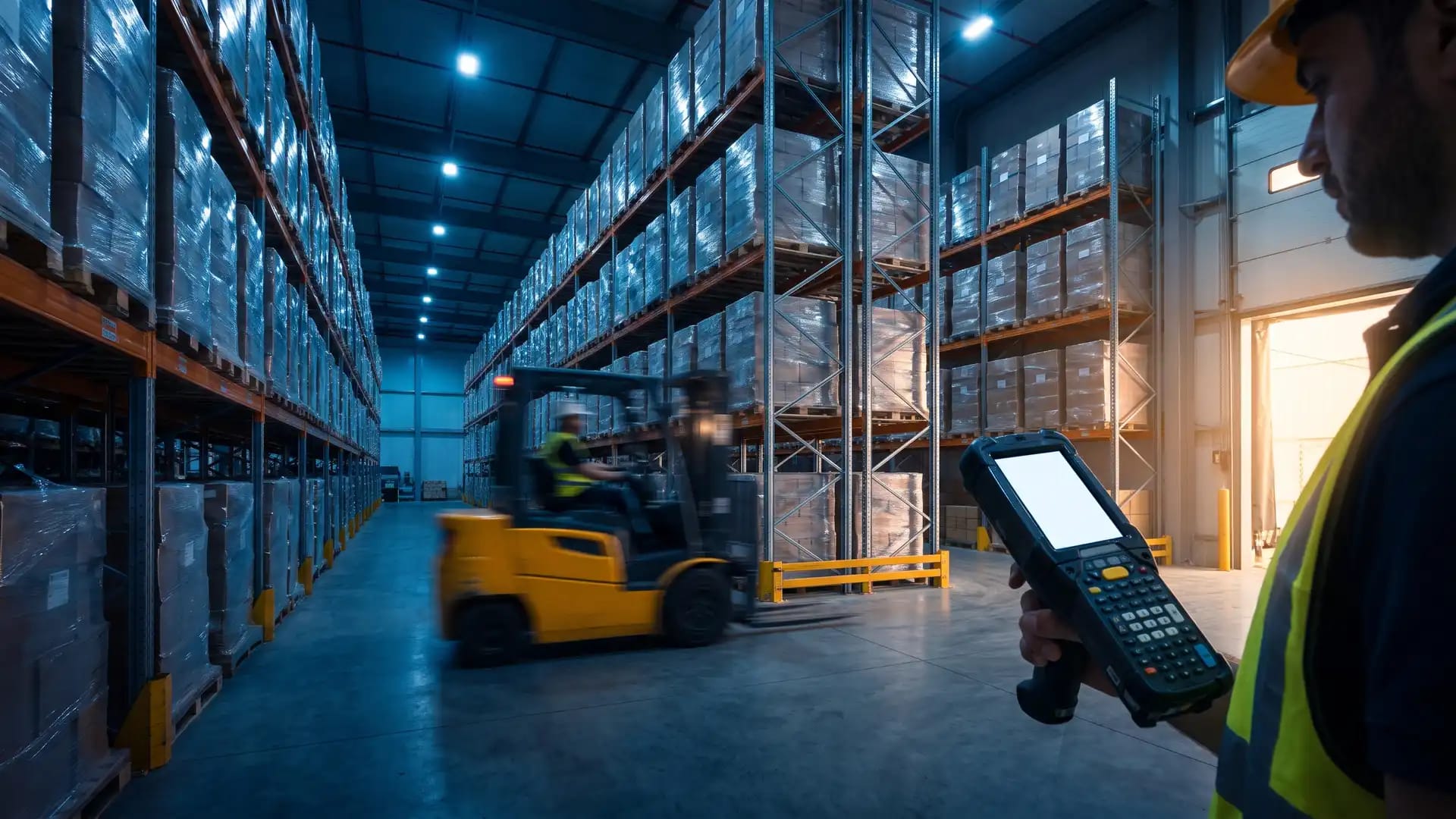 Warehouse supervisor holding a handheld scanner in a modern Saudi distribution centre with tall racking and a forklift