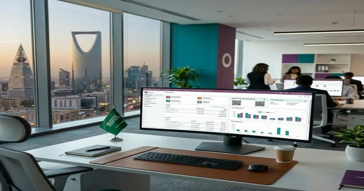 Odoo ERP dashboard displayed on a monitor in a modern Saudi office with Riyadh skyline visible through the window
