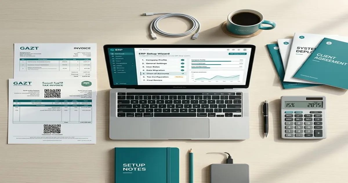 Flat lay of a laptop showing an ERP setup wizard with ZATCA tax documents and calculator on a desk