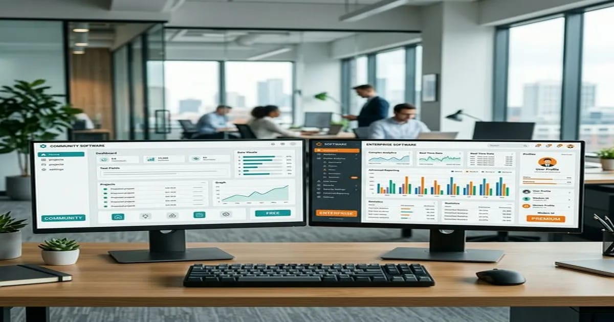 Two monitors side by side showing Community and Enterprise software editions with different feature sets
