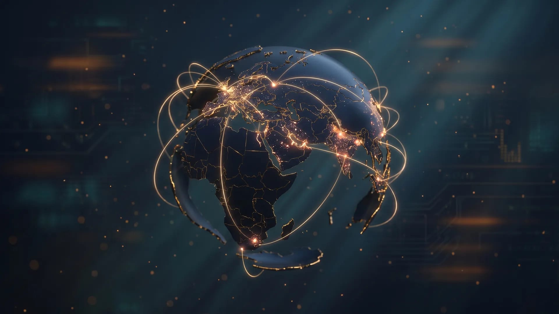 Global connectivity visualization with glowing cross-continent payment routes
