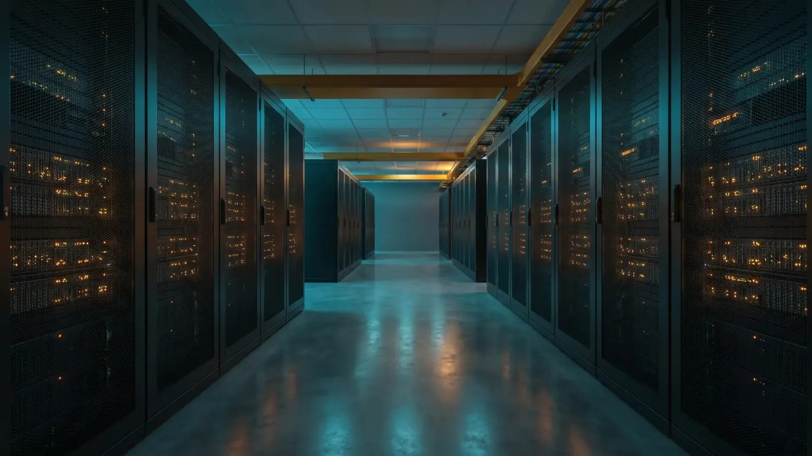 Enterprise data center corridor with glowing server racks