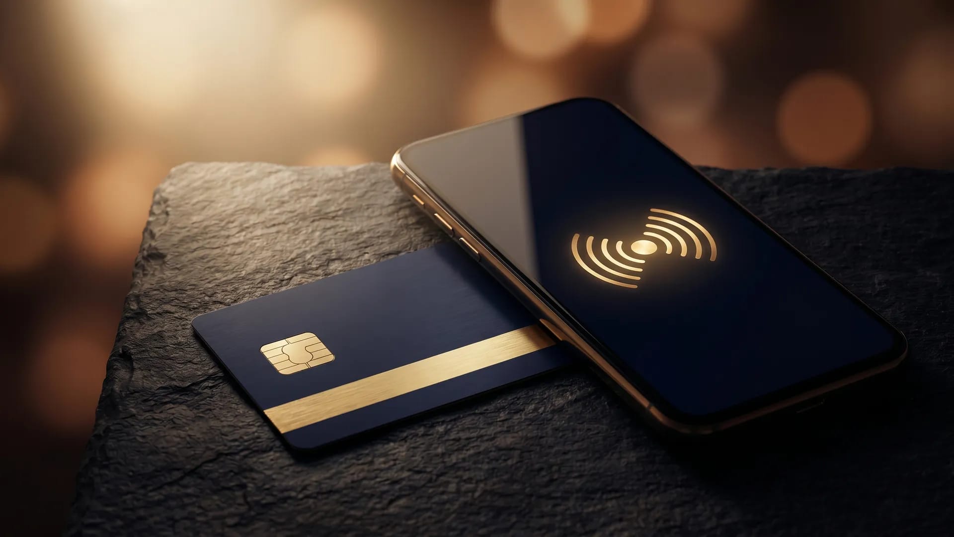 Contactless payment card and smartphone with Saudi fintech aesthetic
