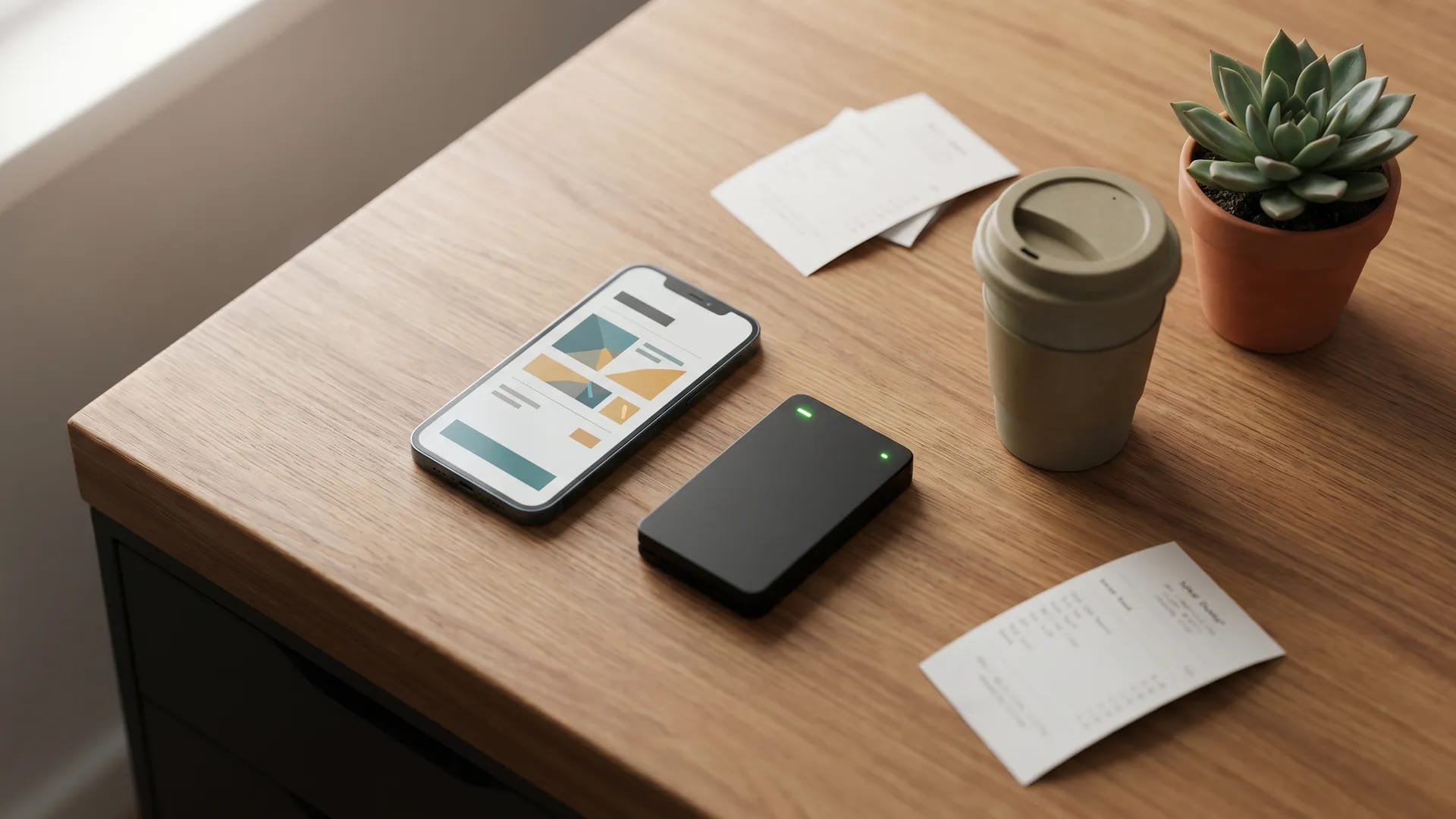 Clean developer workspace with smartphone showing generic payment dashboard