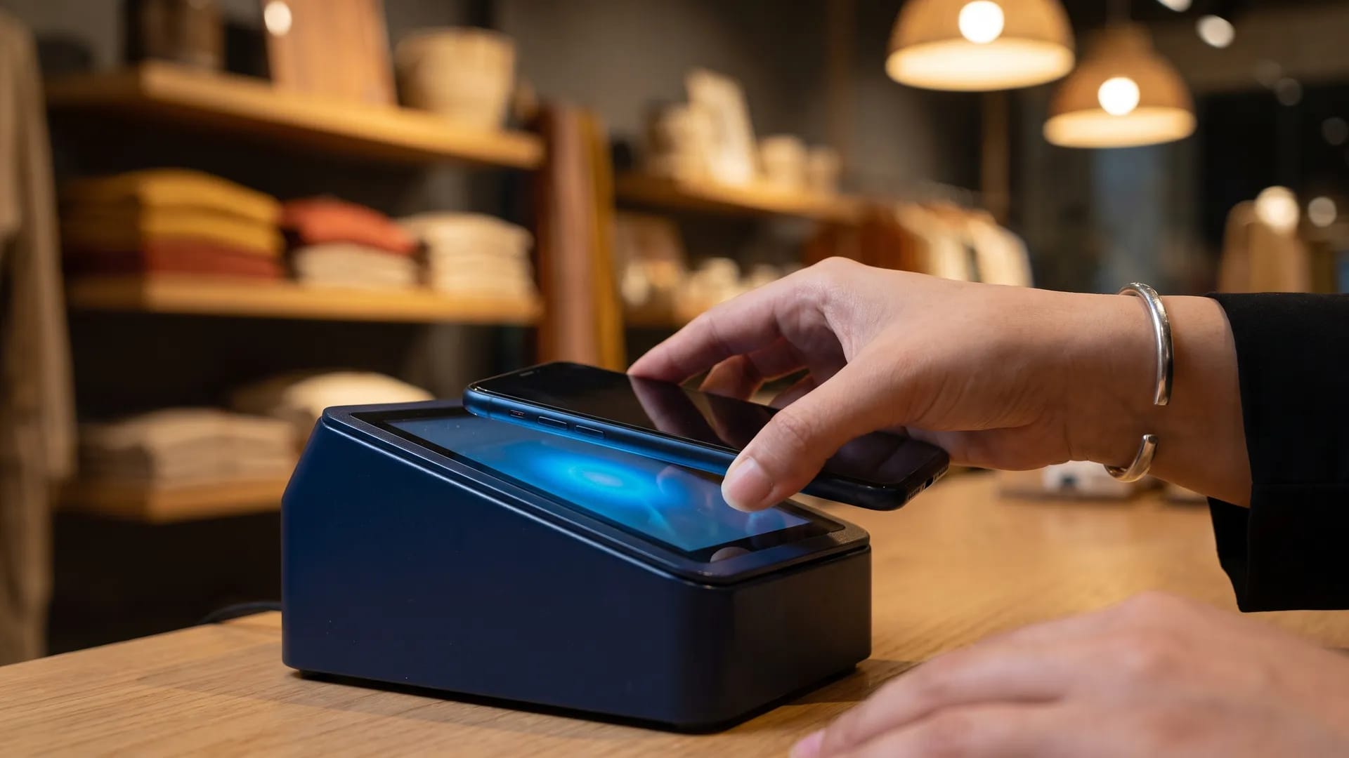 A customer tapping a smartphone against a navy contactless card reader glowing blue at a boutique retail counter