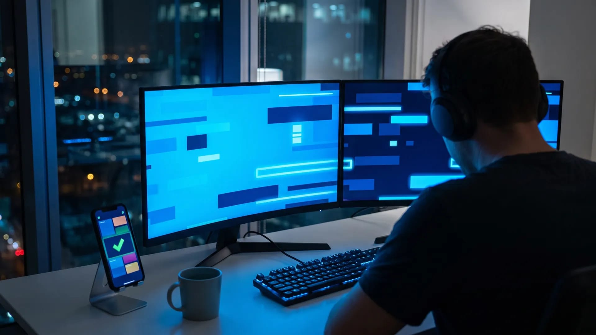A developer working at a dual-monitor workstation at night in a Gulf office, screens filled with blue code and API panels, testing a checkout on a phone