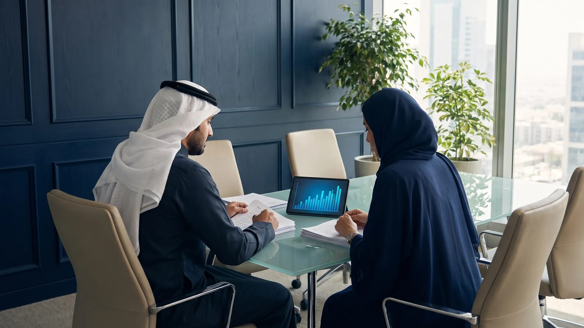 Two business professionals in a Riyadh meeting room reviewing printed financial documents and a tablet showing a bar chart