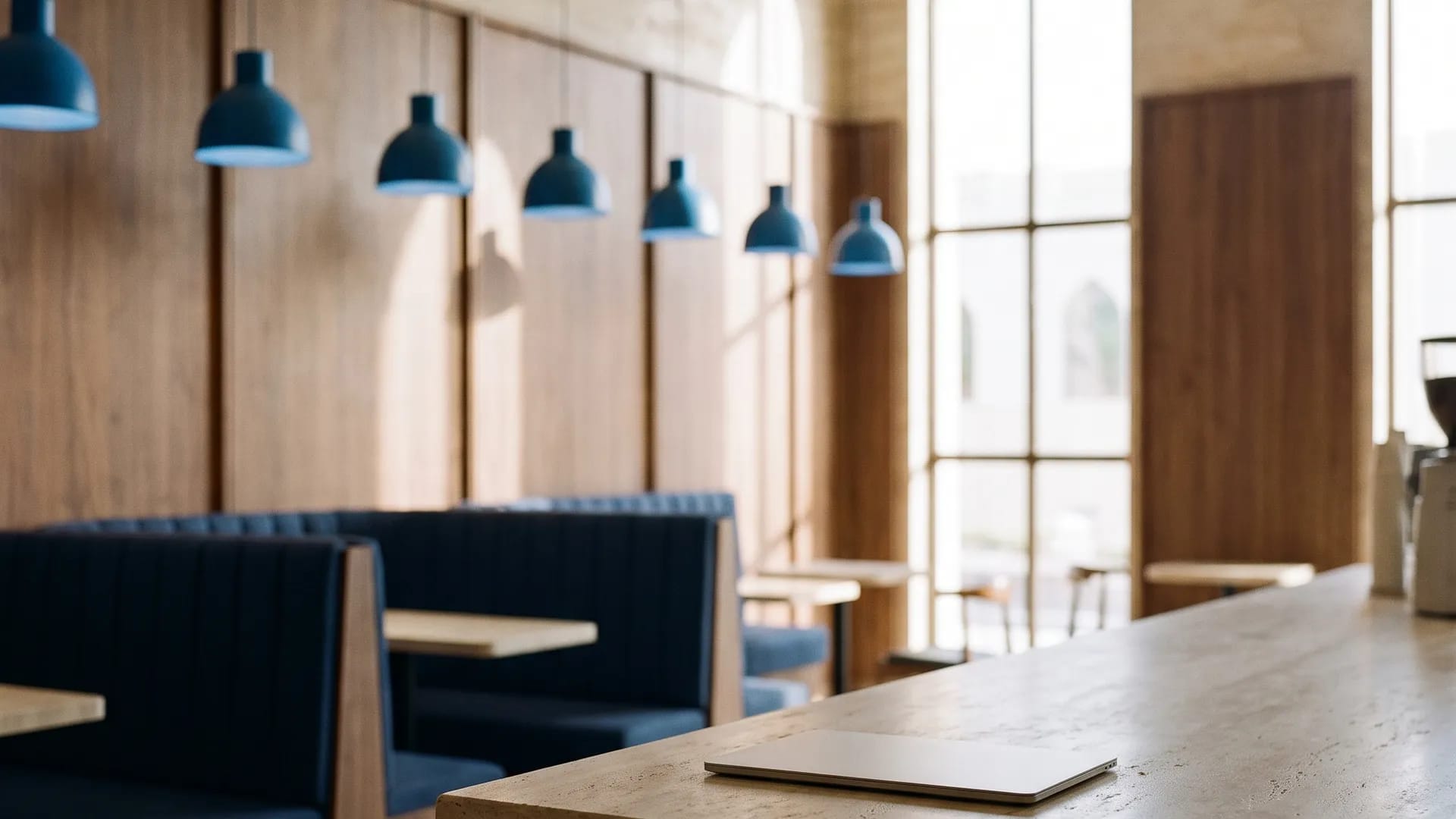 Interior of a modern Gulf cafe with navy booth seating, arched windows and a tablet on a stone counter