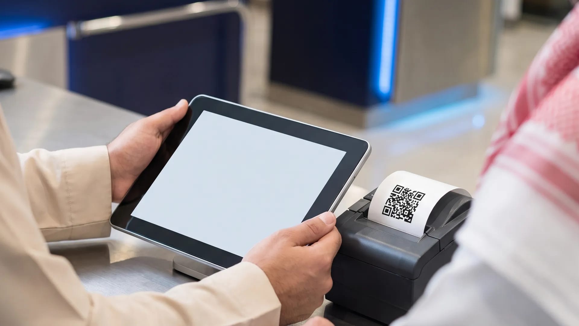 Hands at a retail counter holding a tablet point-of-sale terminal beside a thermal printer producing a receipt with a QR code