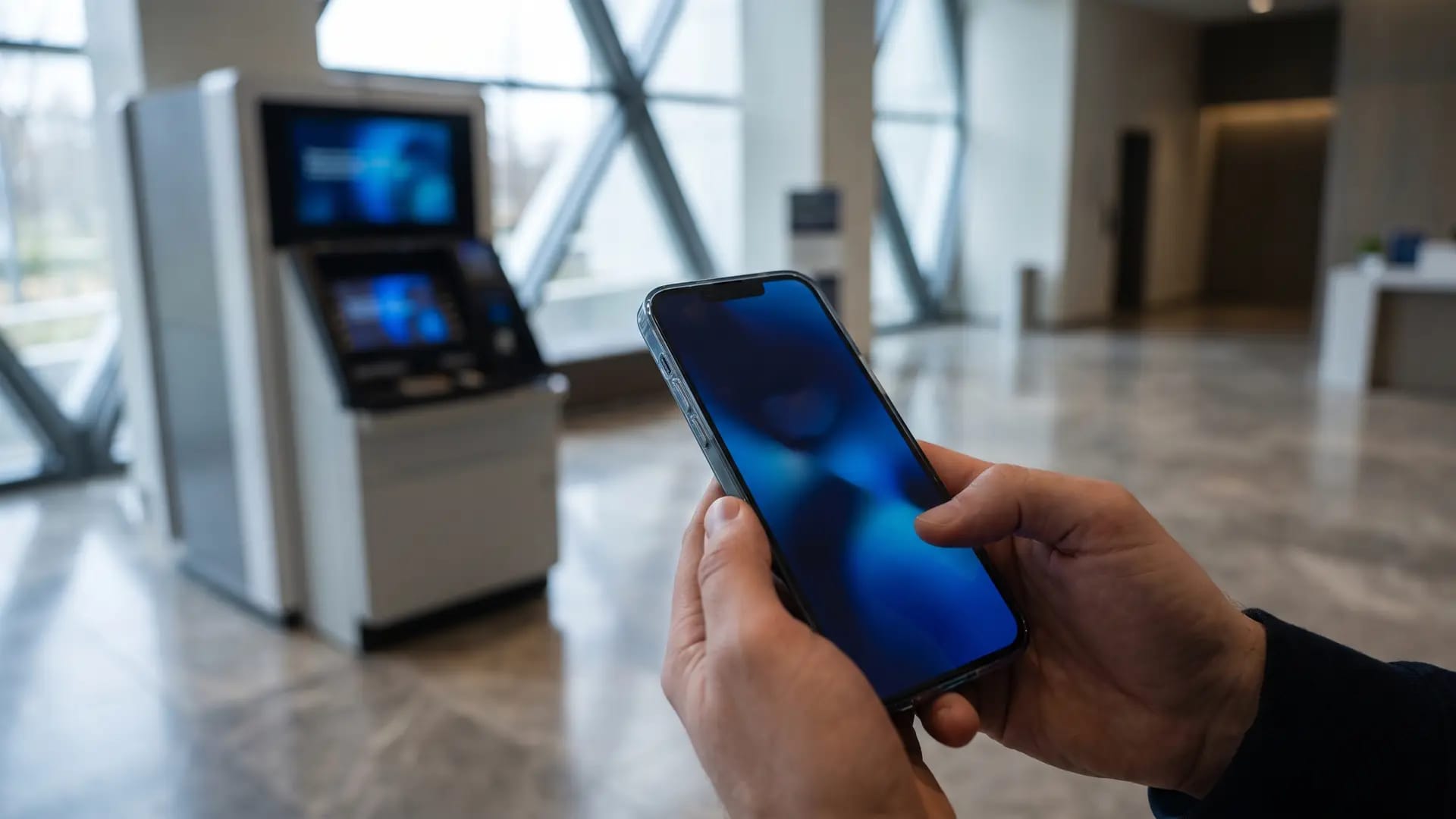Hands holding a smartphone with a blue banking interface in front of a self-service kiosk in a bright Saudi bank lobby