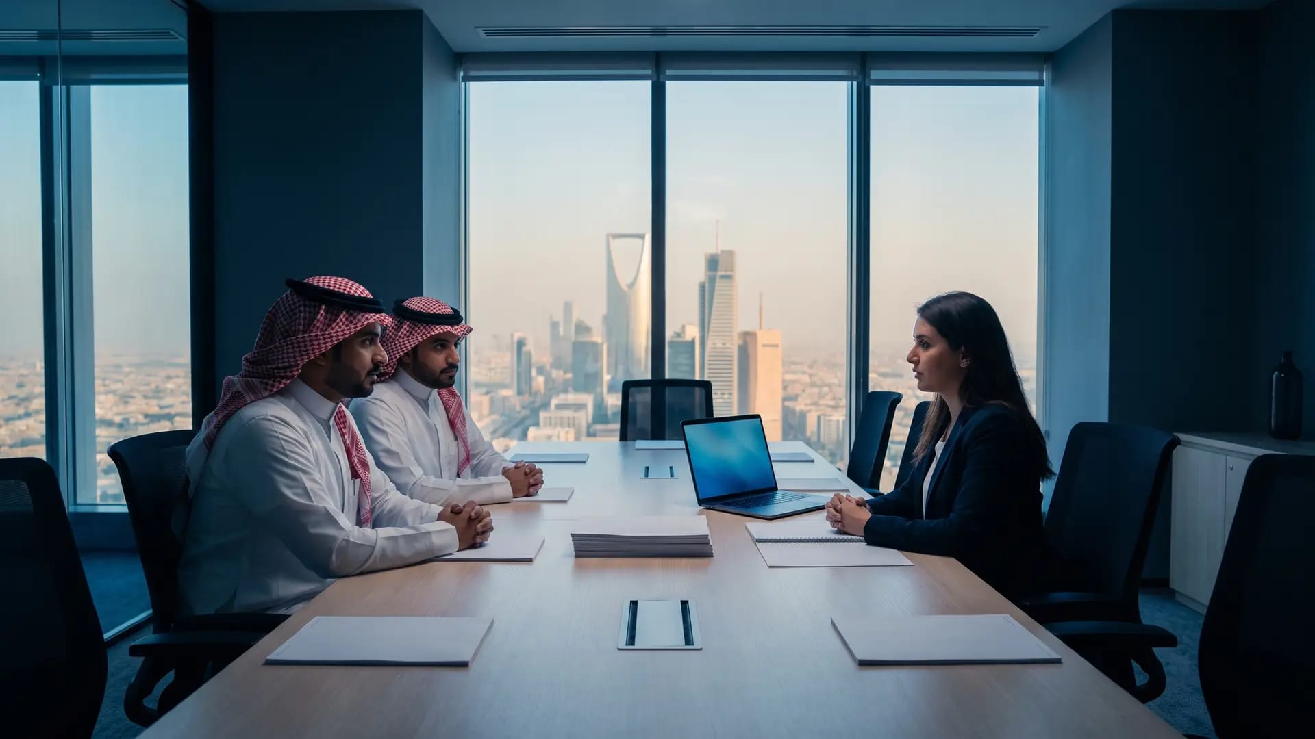 Two Saudi business owners meeting a corporate relationship manager across a conference table in a Riyadh office tower at dusk