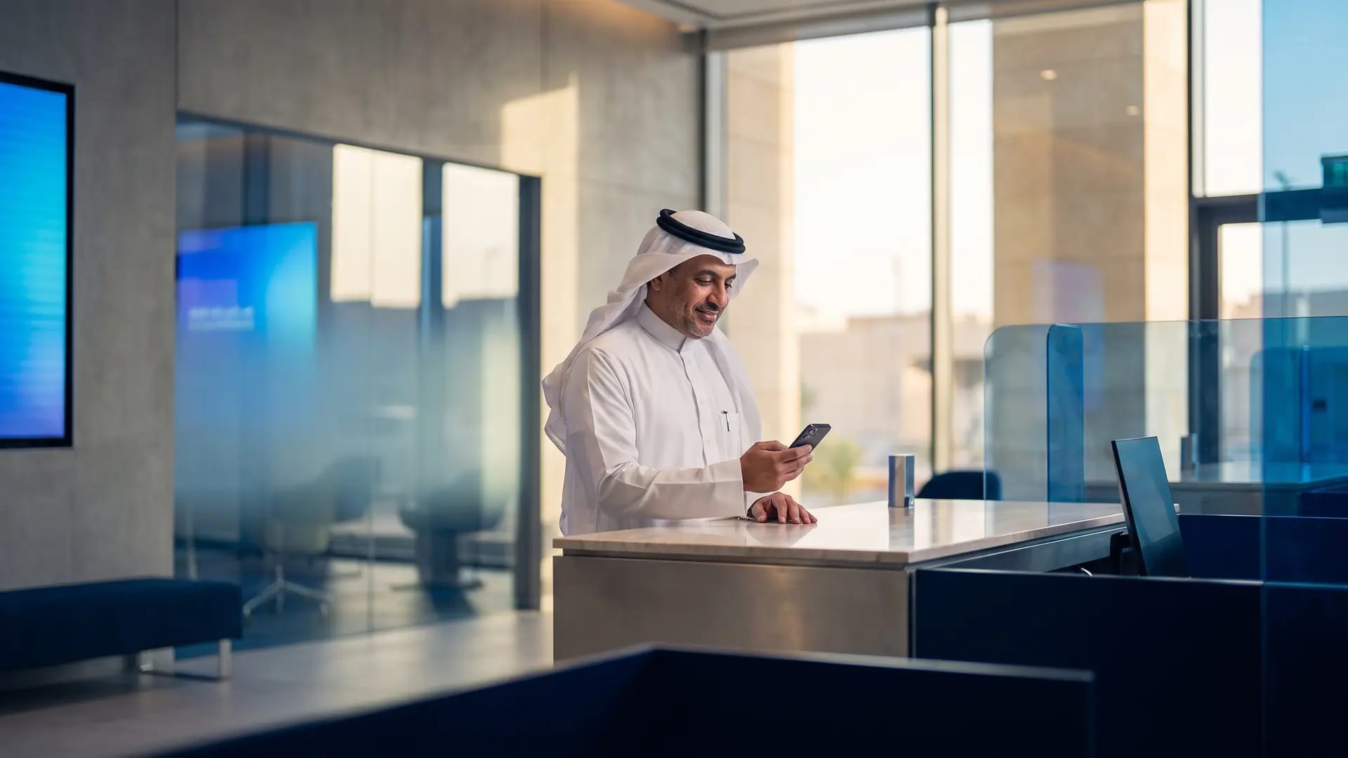 A Saudi business owner in a white thobe checking his phone at a modern bank branch counter in Riyadh