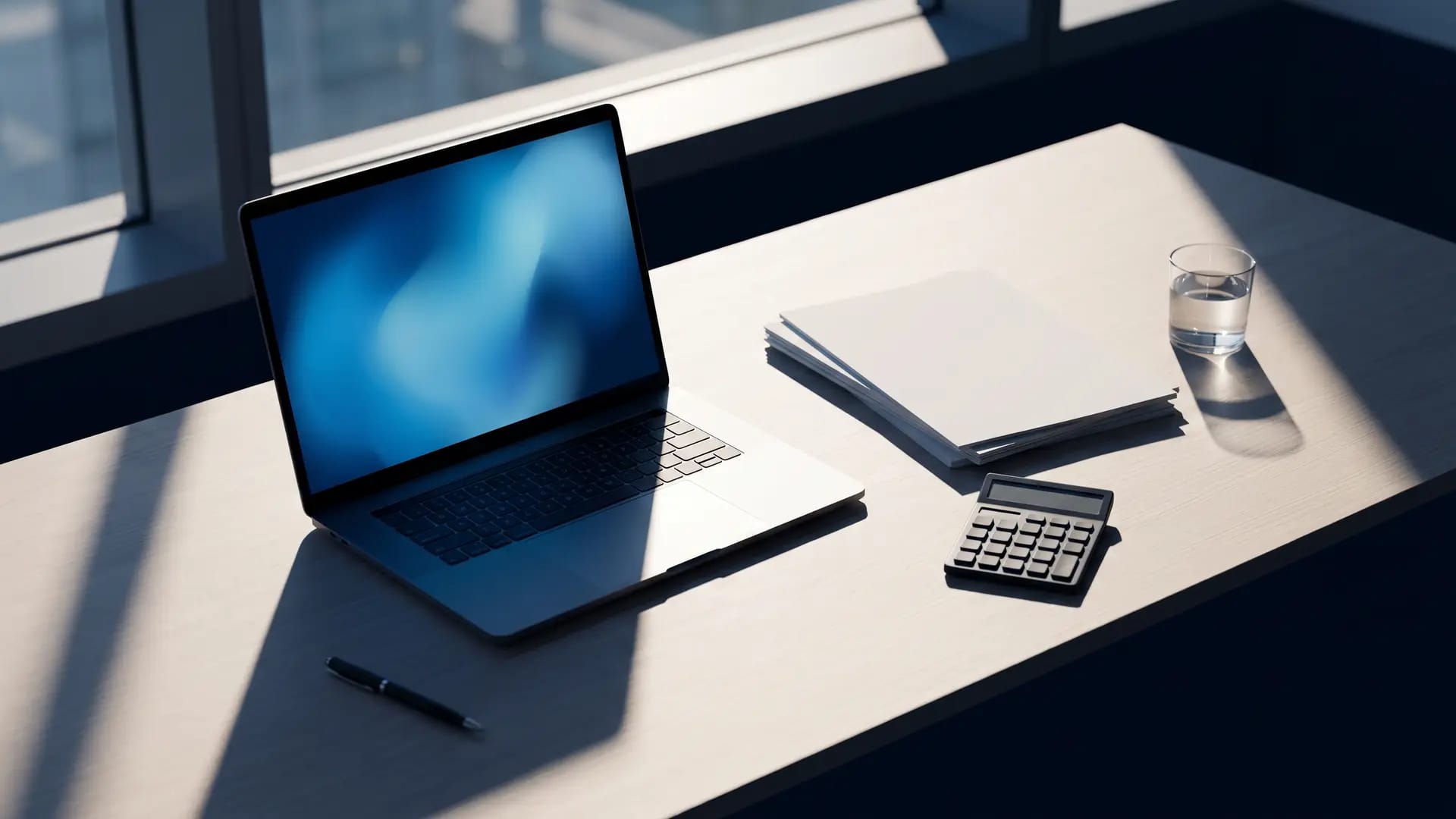 A laptop with an abstract blue dashboard, blank printed reports and a calculator on a finance desk in raking afternoon light