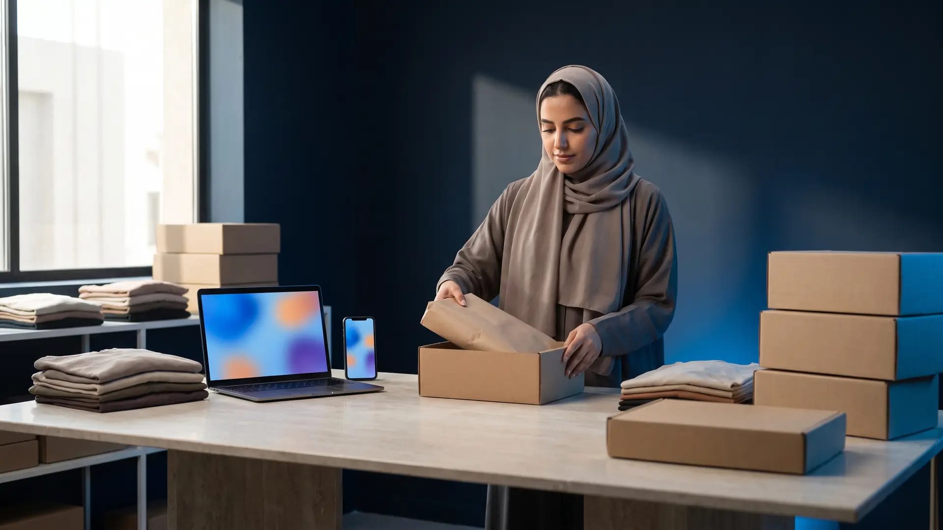 A Saudi small-business owner packing an online order into a plain box beside a laptop in a bright Riyadh studio workspace