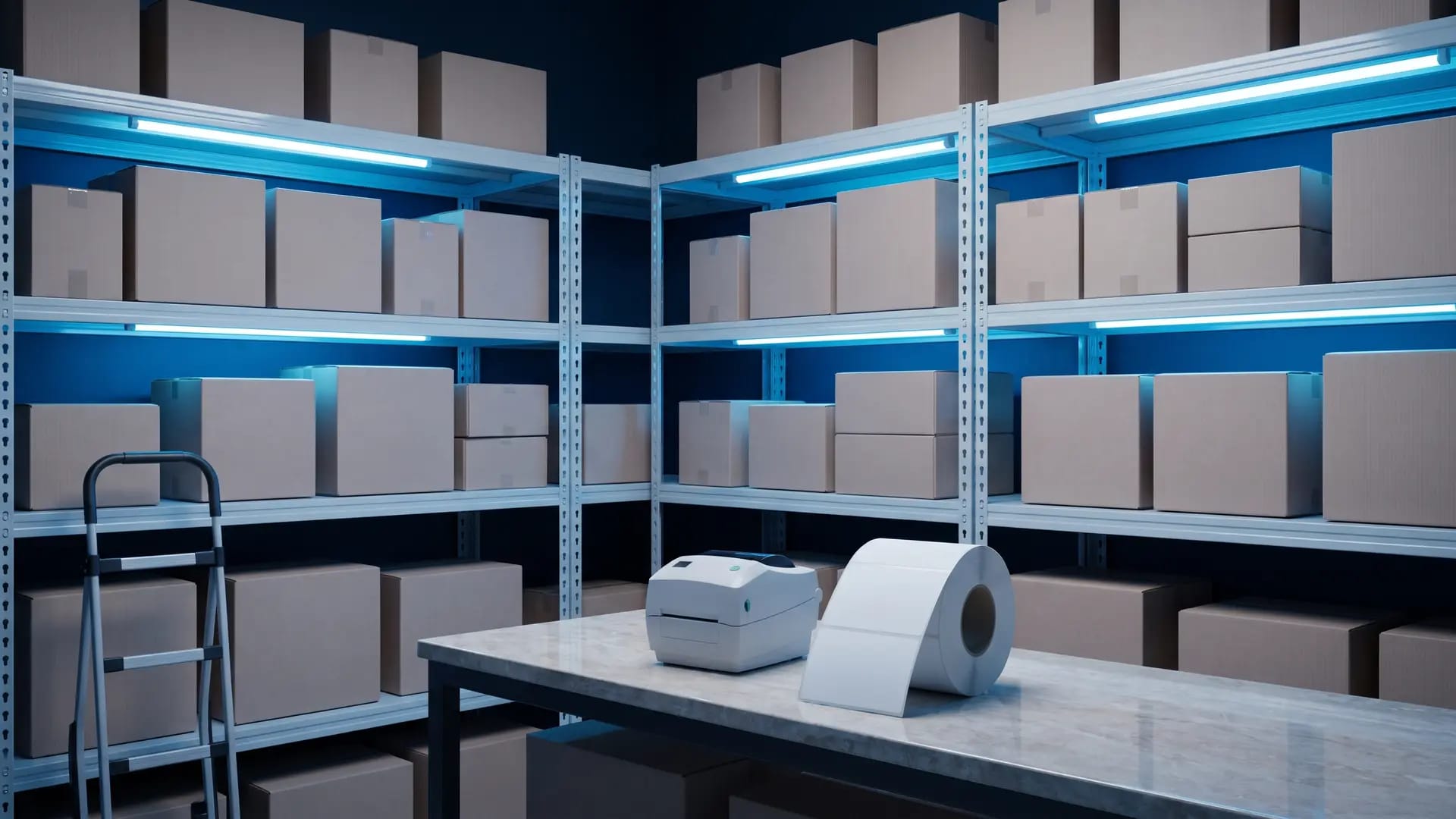 A tidy small-business fulfilment room with rows of plain unmarked parcels on metal shelving and a blank label roll beside a thermal printer