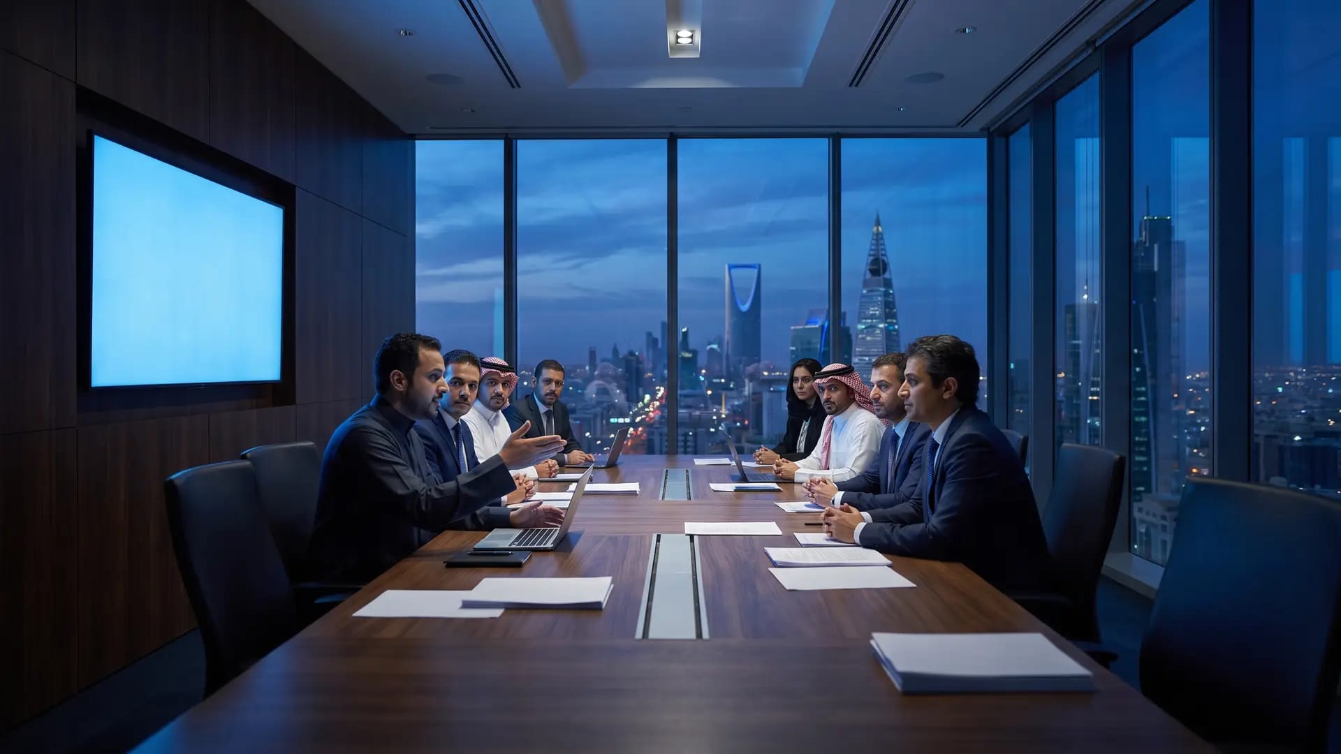 Two teams facing each other across a long boardroom table in a Riyadh tower at blue hour, the city skyline behind them