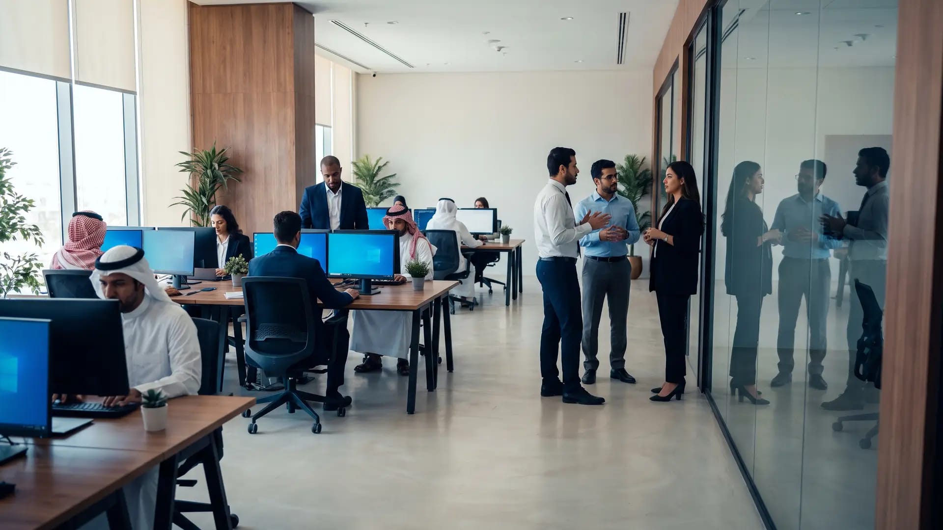 Open-plan operations office of a mid-sized Saudi company with staff at dual-monitor desks and a small group meeting beside a glass wall