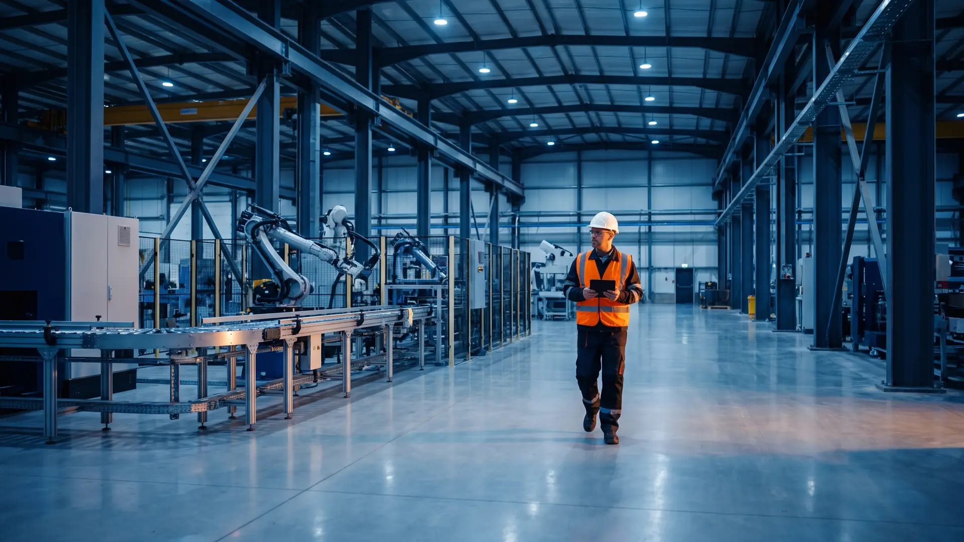 Supervisor in a hard hat and high-visibility vest walking the aisle of a large automated manufacturing plant with a tablet