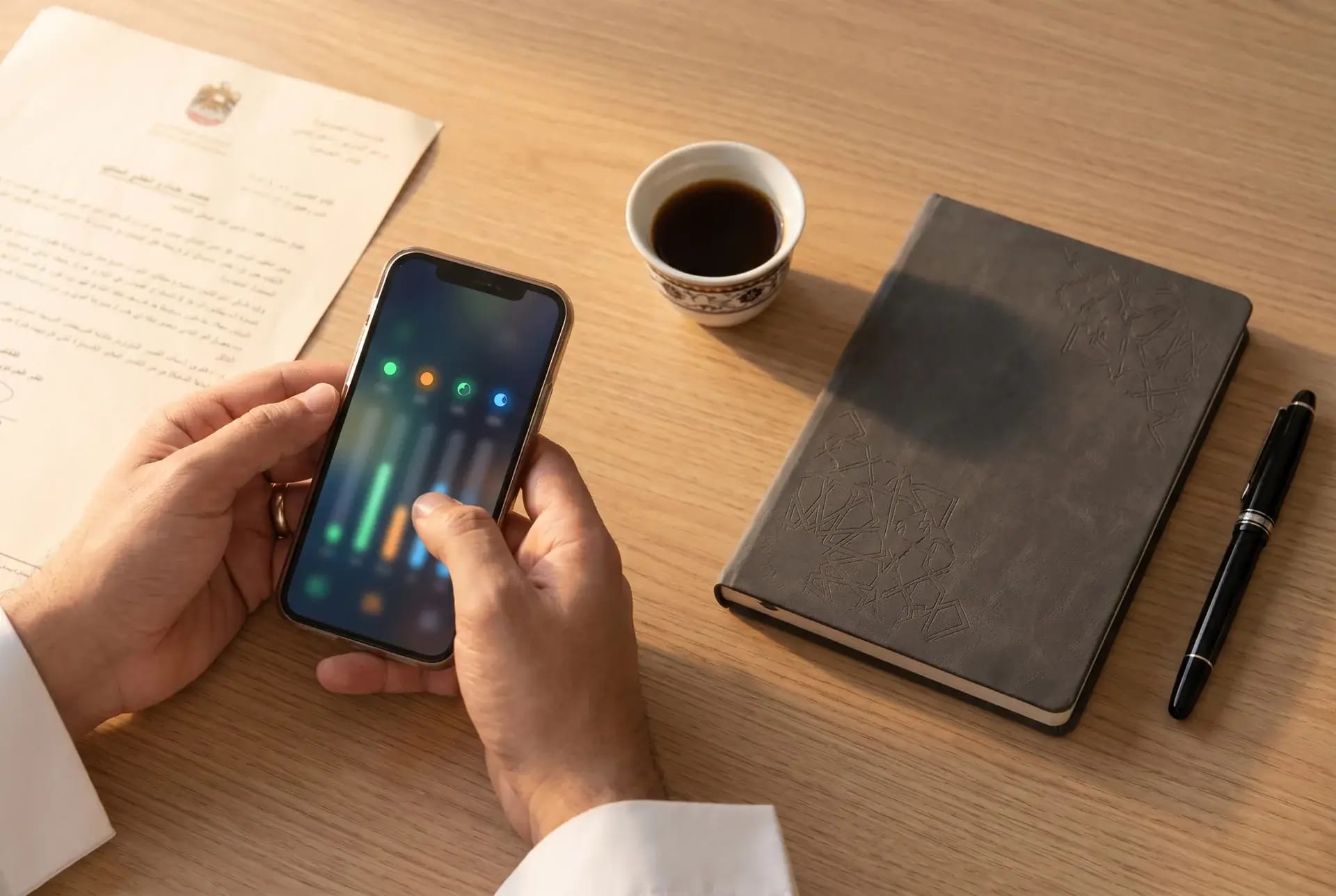 Saudi SME owner checking compliance dashboards on a smartphone
