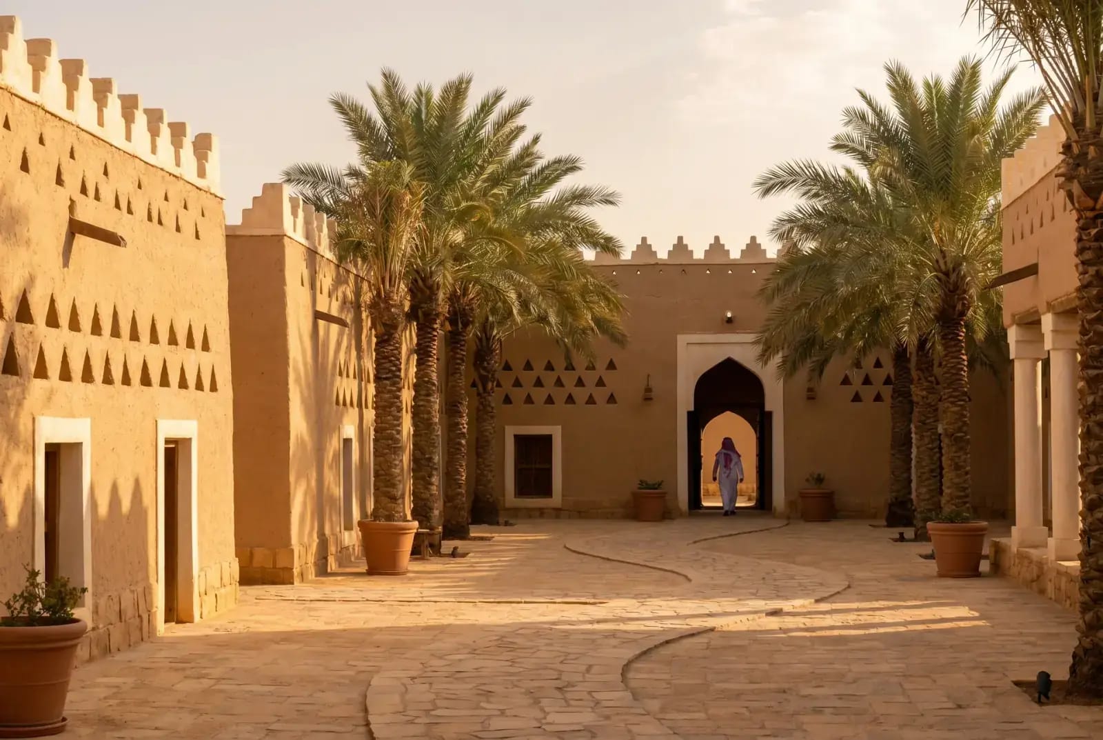 Najdi-style courtyard in Riyadh bathed in late-afternoon sunlight, symbolising the institutional weight of Saudi labor authority