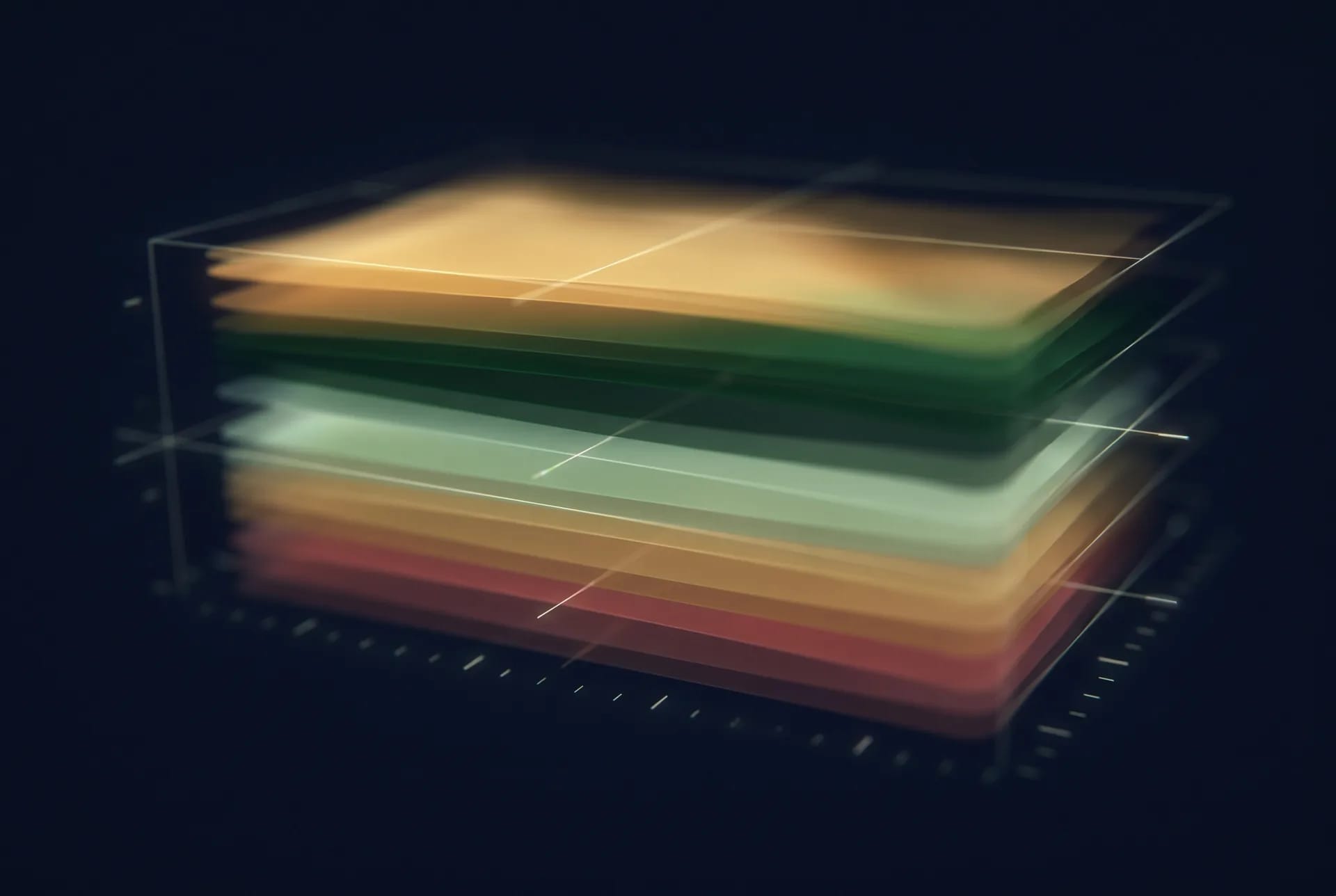 Abstract editorial visualization of the Nitaqat band strata — gold, forest green, sage, amber and dull red layers stacked on a clean dark background