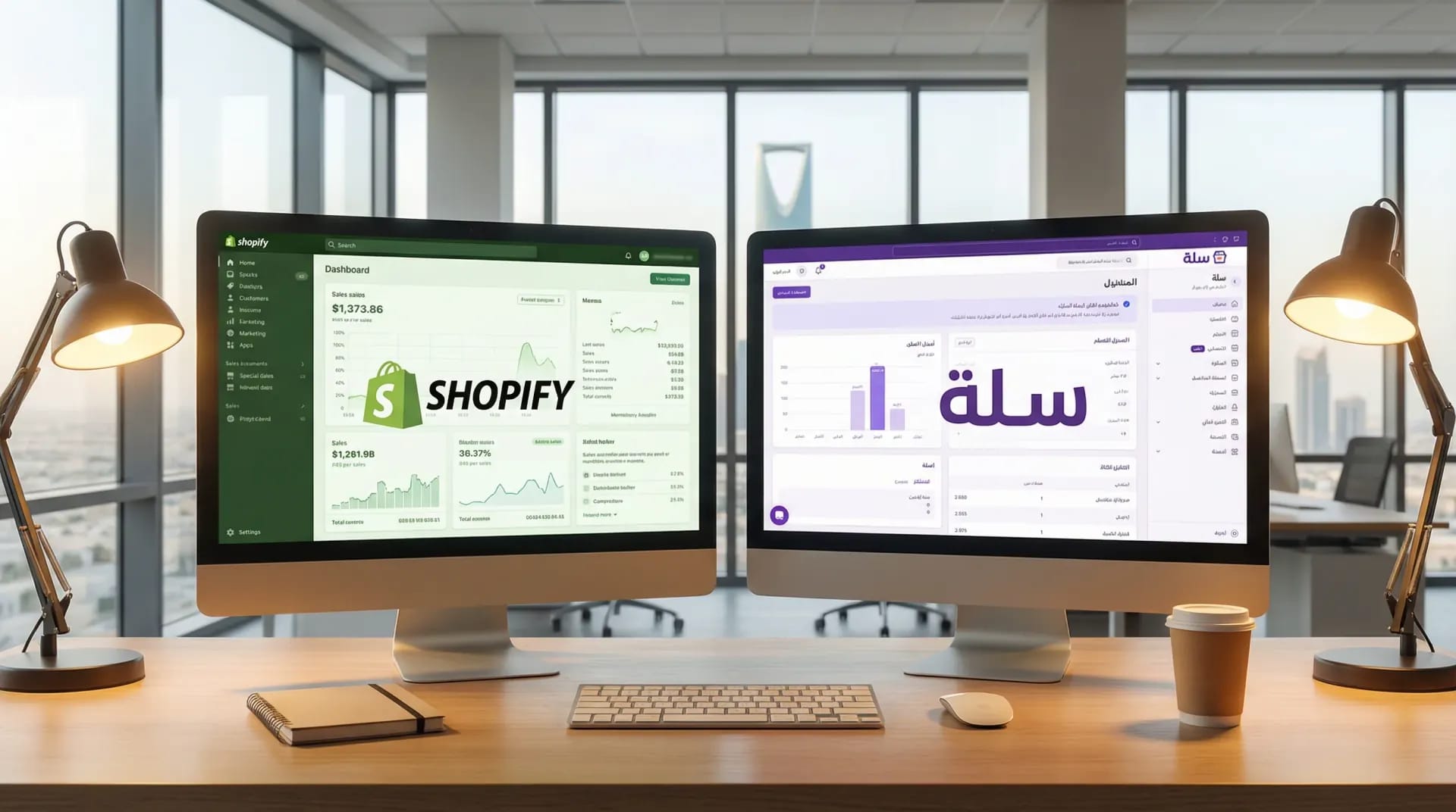 Two monitors showing Shopify and Salla dashboards side by side in a modern Saudi office
