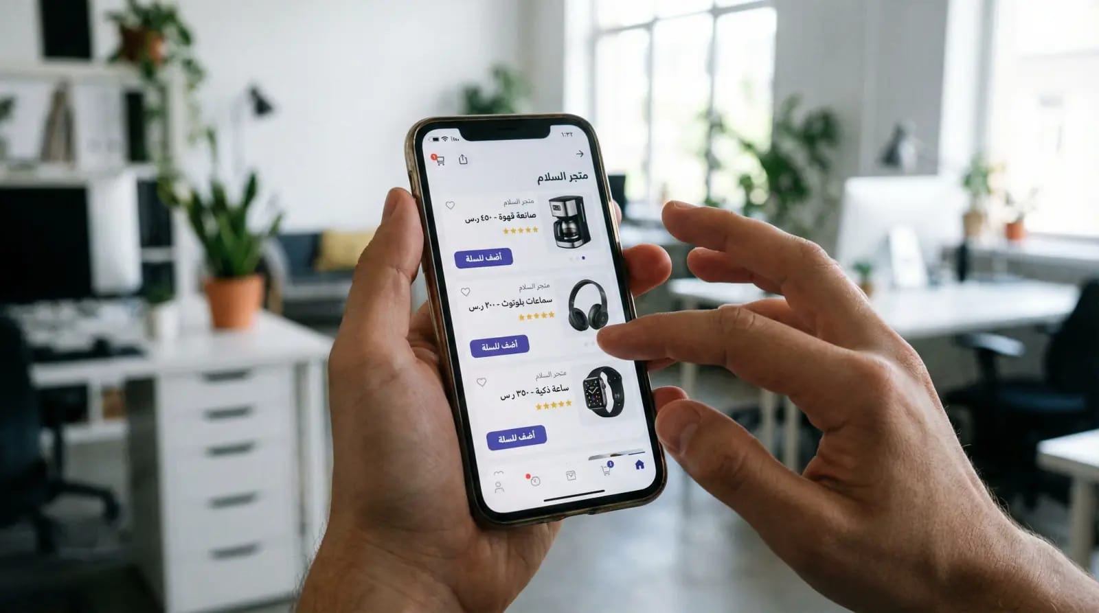 Hands using a smartphone showing an Arabic e-commerce app with product listings