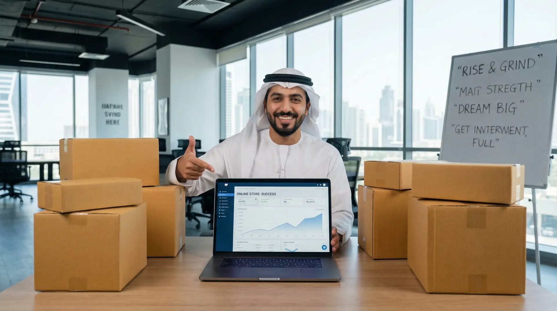 Happy Saudi entrepreneur with shipping boxes and laptop showing a successful online store