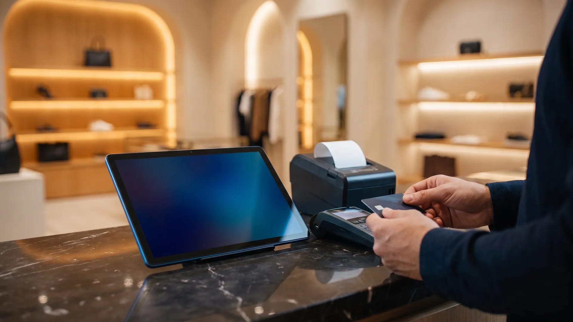 Tablet point-of-sale terminal, card reader and thermal receipt printer on a marble checkout counter in a modern Gulf boutique