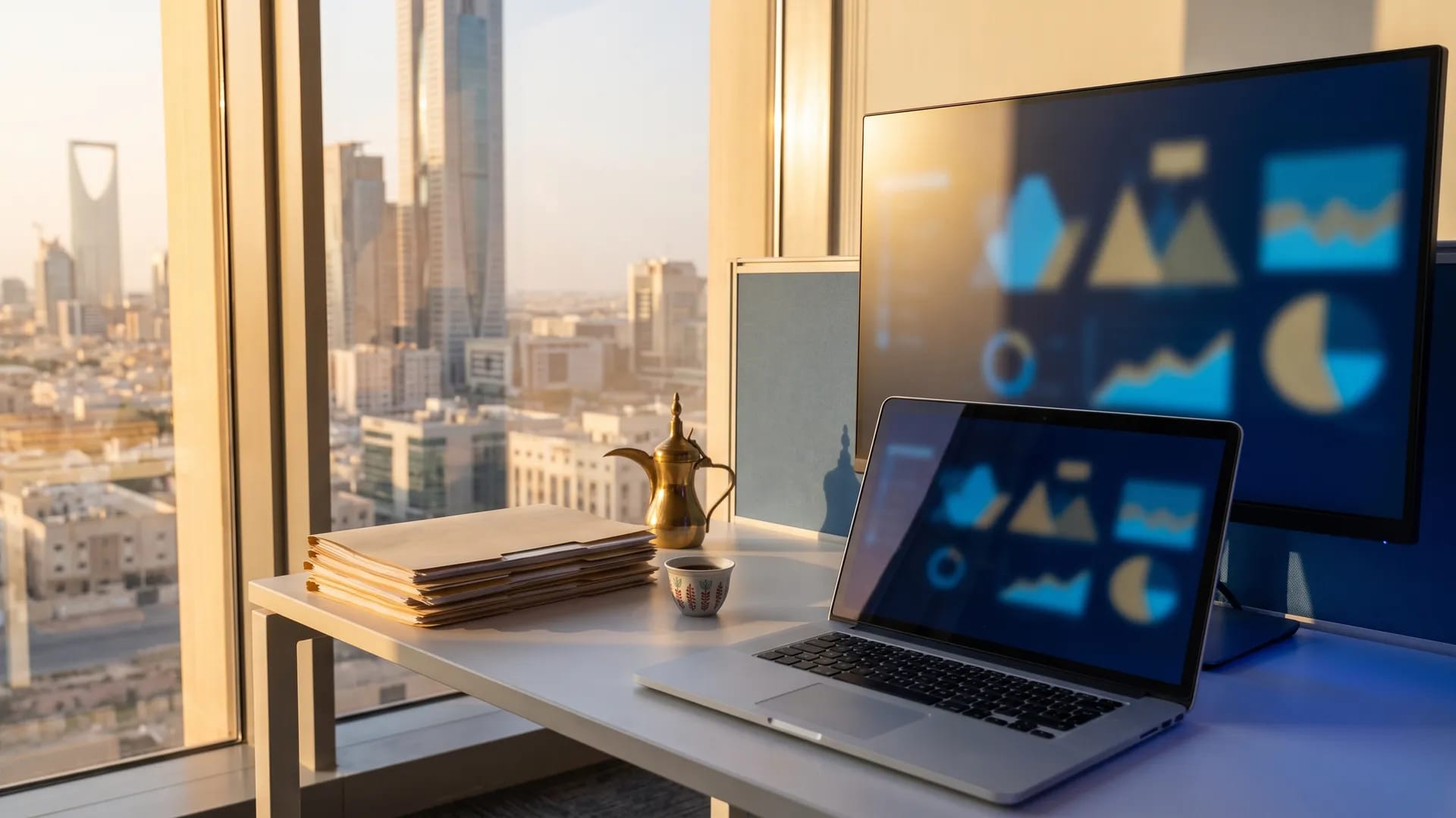 Accountant's desk in a Riyadh high-rise office at golden hour with a laptop and monitor showing financial dashboard charts, paper folders and an Arabic coffee pot