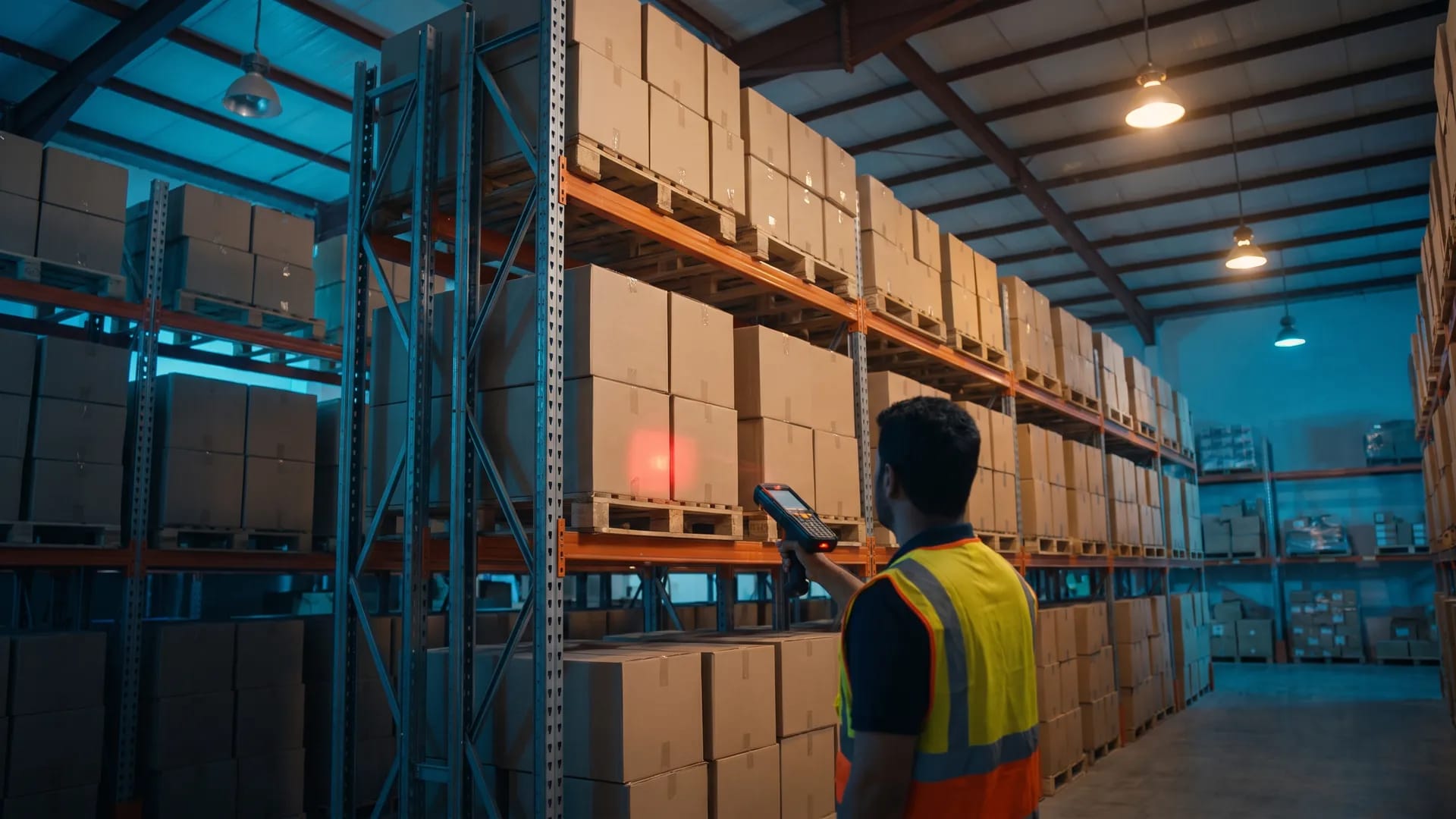 Worker in a high-visibility vest scanning stacked cardboard boxes on pallet racking with a handheld barcode scanner inside a warehouse