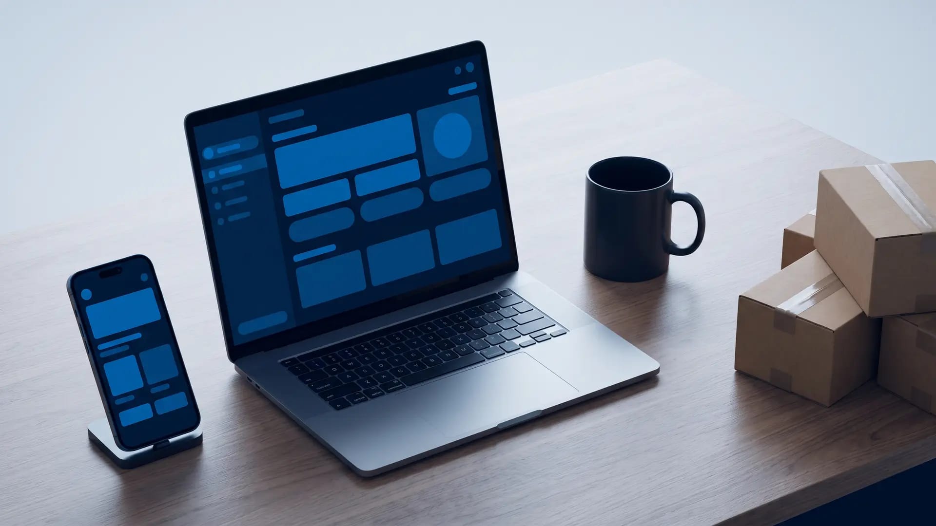 An e-commerce operations desk with a laptop showing an abstract dark navy dashboard of blue blocks, a phone on a stand and packed shipping boxes