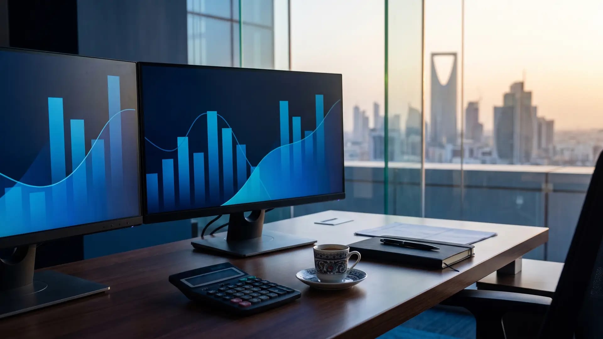 A finance manager desk in a Riyadh office at dusk with two monitors showing abstract blue charts, a calculator, a notebook and a cup of Arabic coffee
