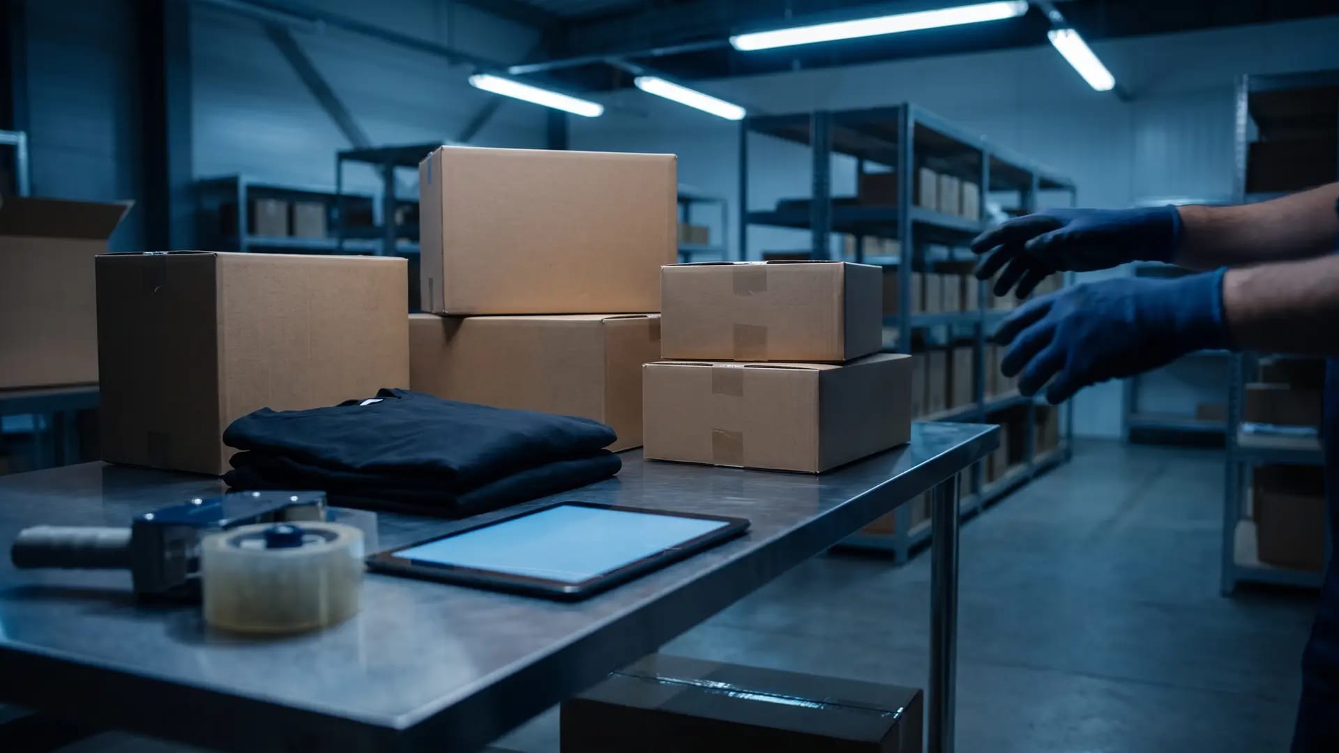 A retail returns and fulfilment station with plain cardboard boxes, a folded garment on a steel table and a tablet with a blank blue screen under cool warehouse lighting
